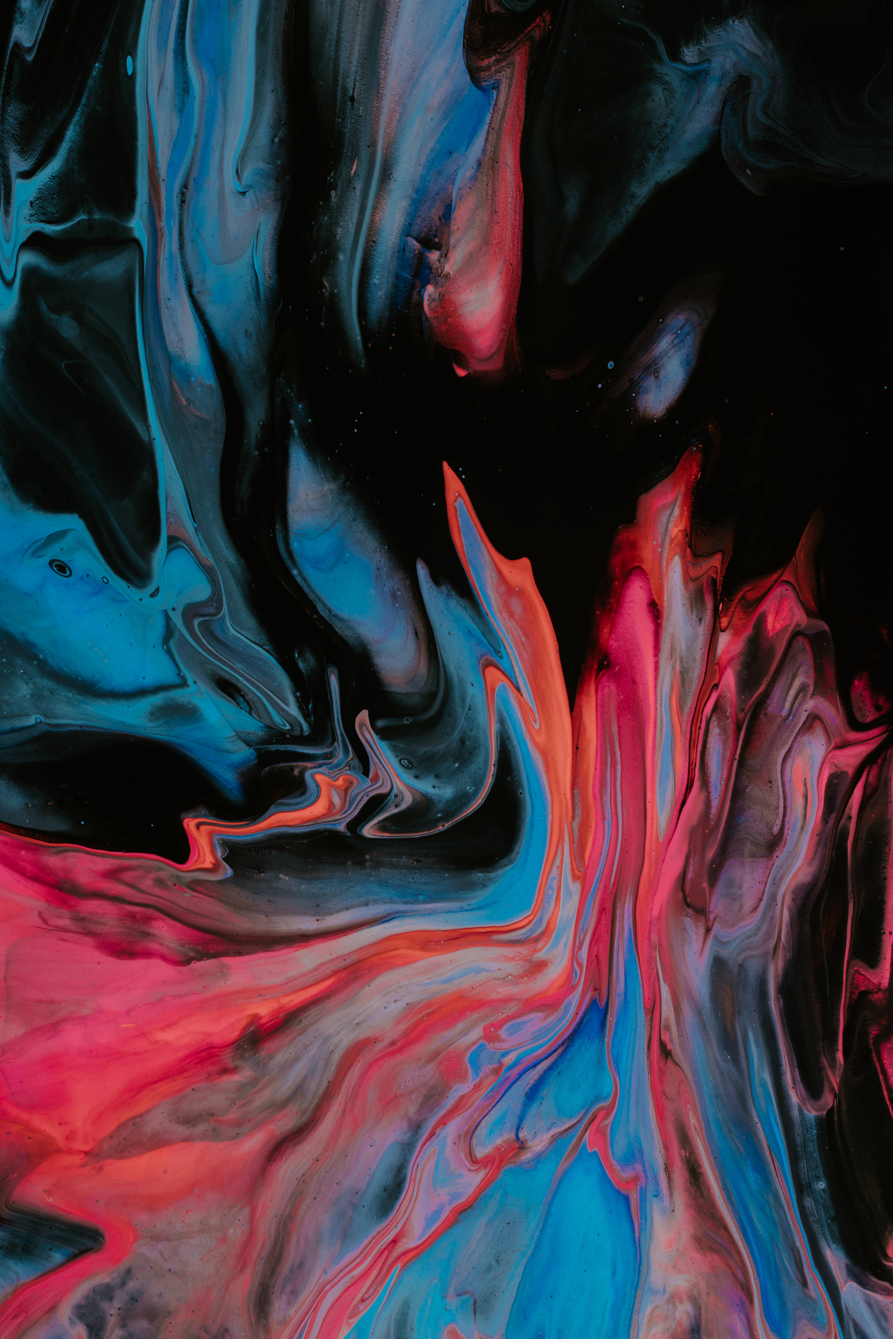 black abstract mixed color paint, electric blue, fiery pink, 4K Phone Wallpaper