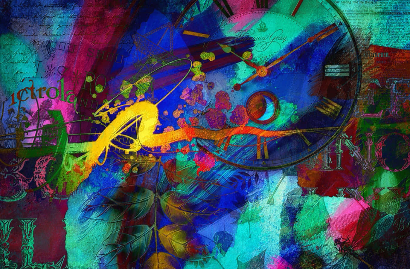 mixed media, clock face, swirling colors, HD Desktop Wallpaper