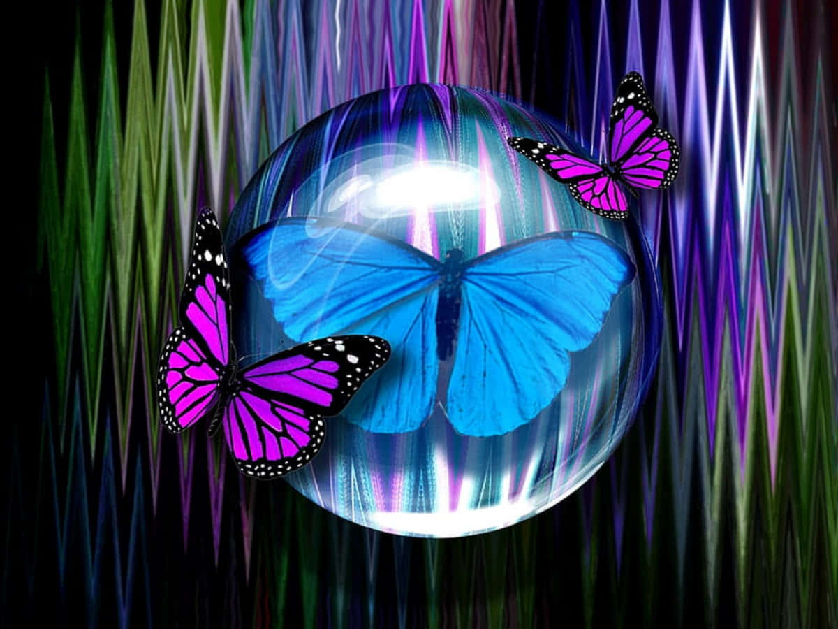 glowing blue butterfly, transparent orb, vibrant purple and green striped rays, SD Desktop Wallpaper