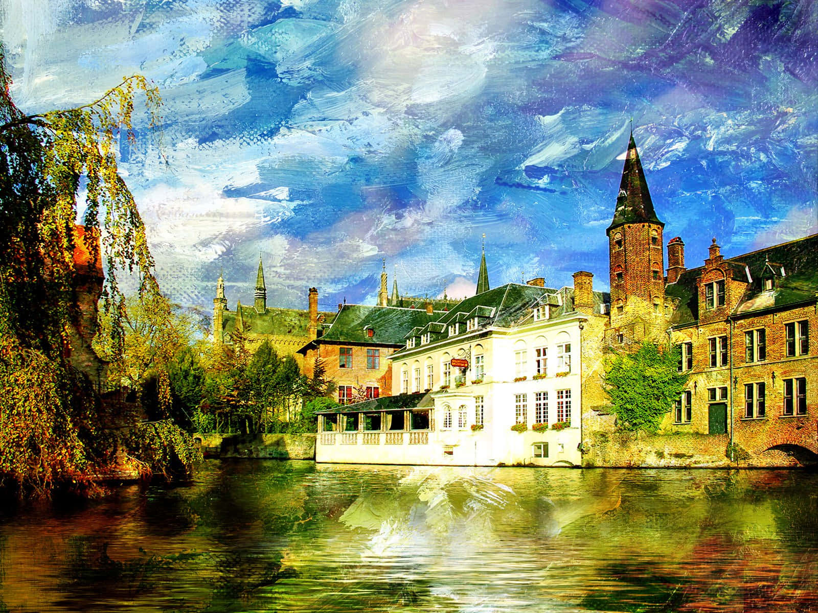Mixed Media, canal scene, historic brick buildings, HD Desktop Wallpaper