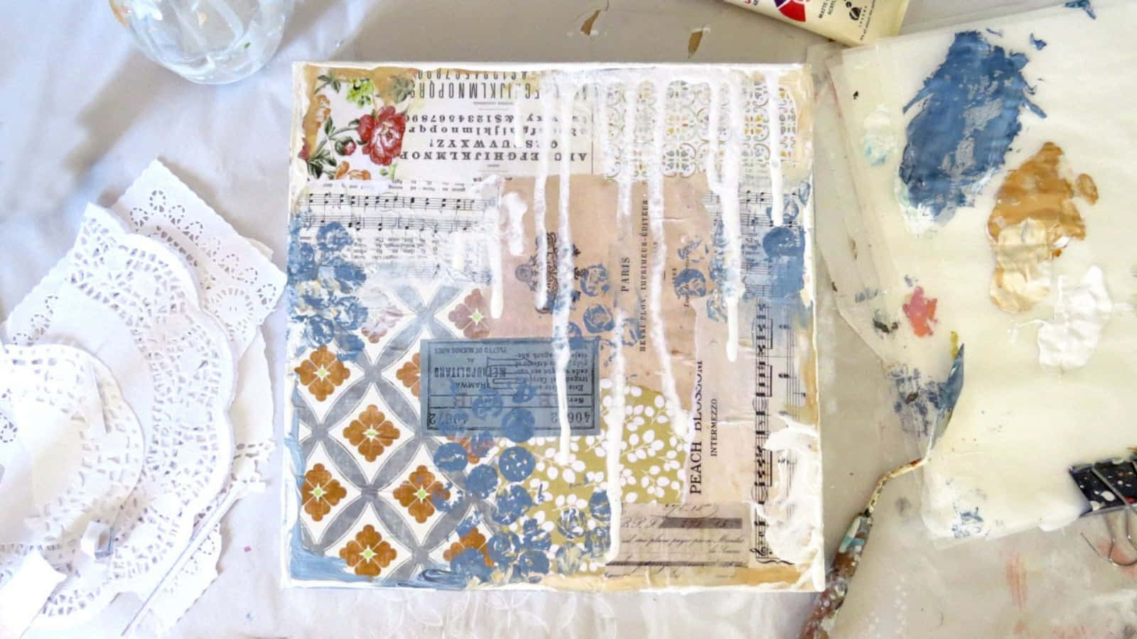 mixed media, floral patterns, vintage text, HD Desktop Wallpaper