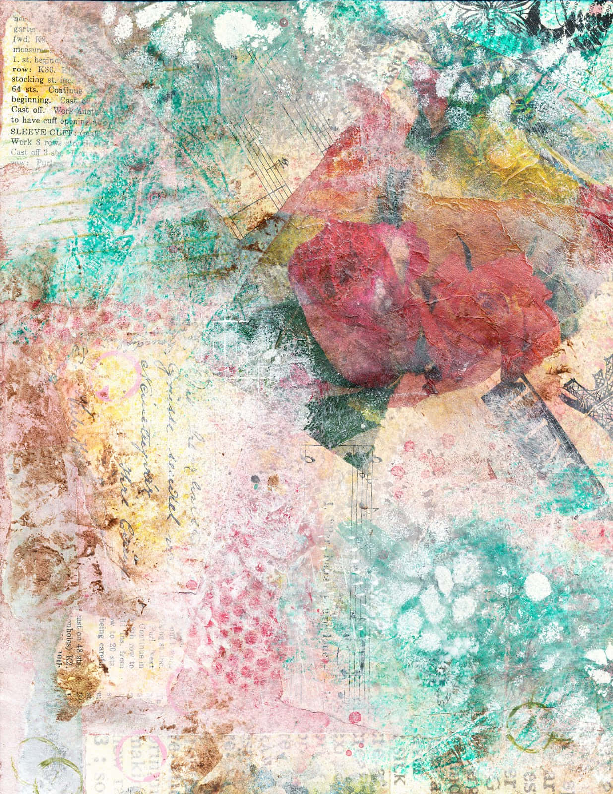 Mixed Media Art, faded floral patterns, vintage text, HD Phone Wallpaper
