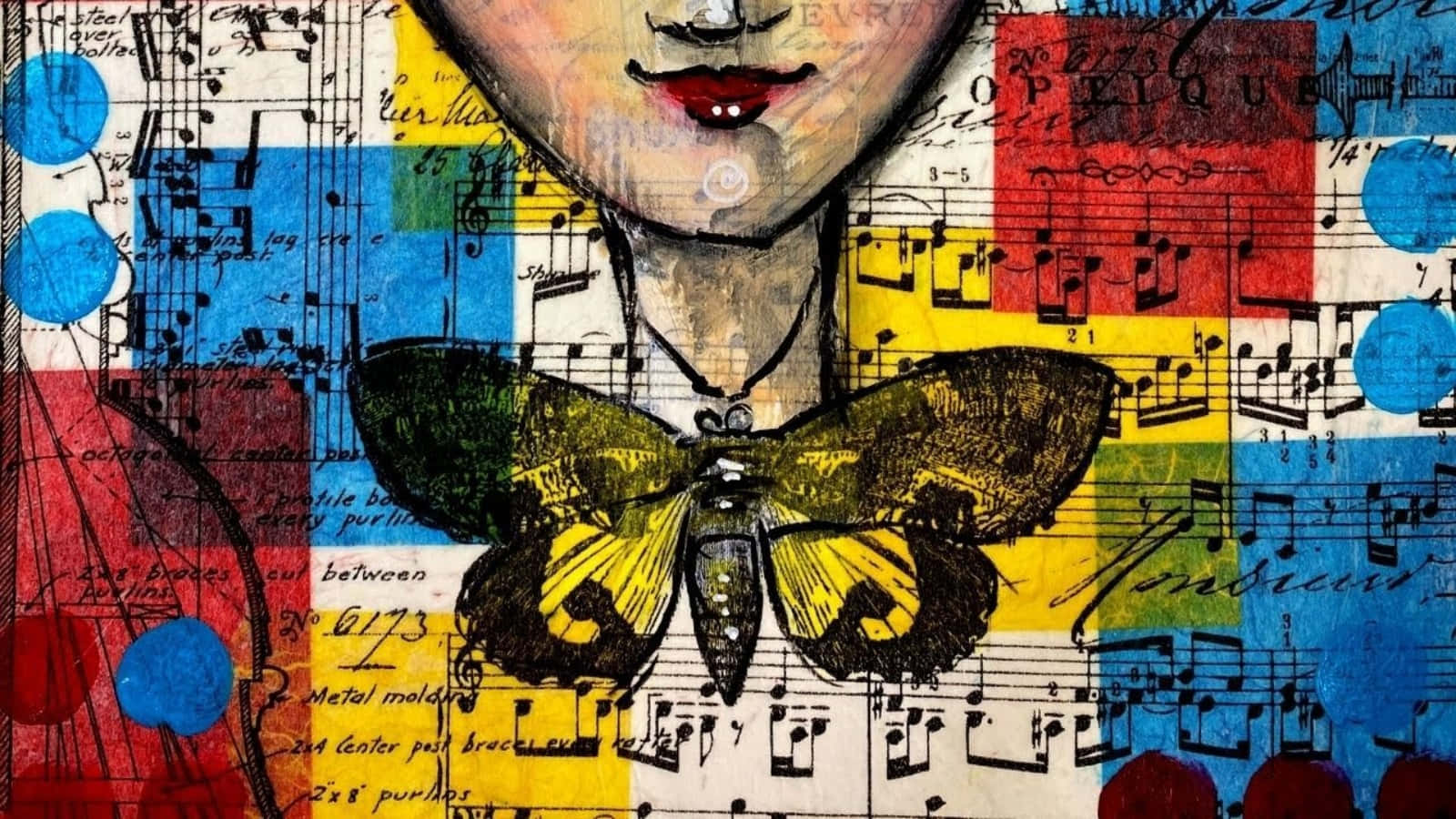 yellow and black butterfly, collage of colorful musical notes, text, HD Desktop Wallpaper