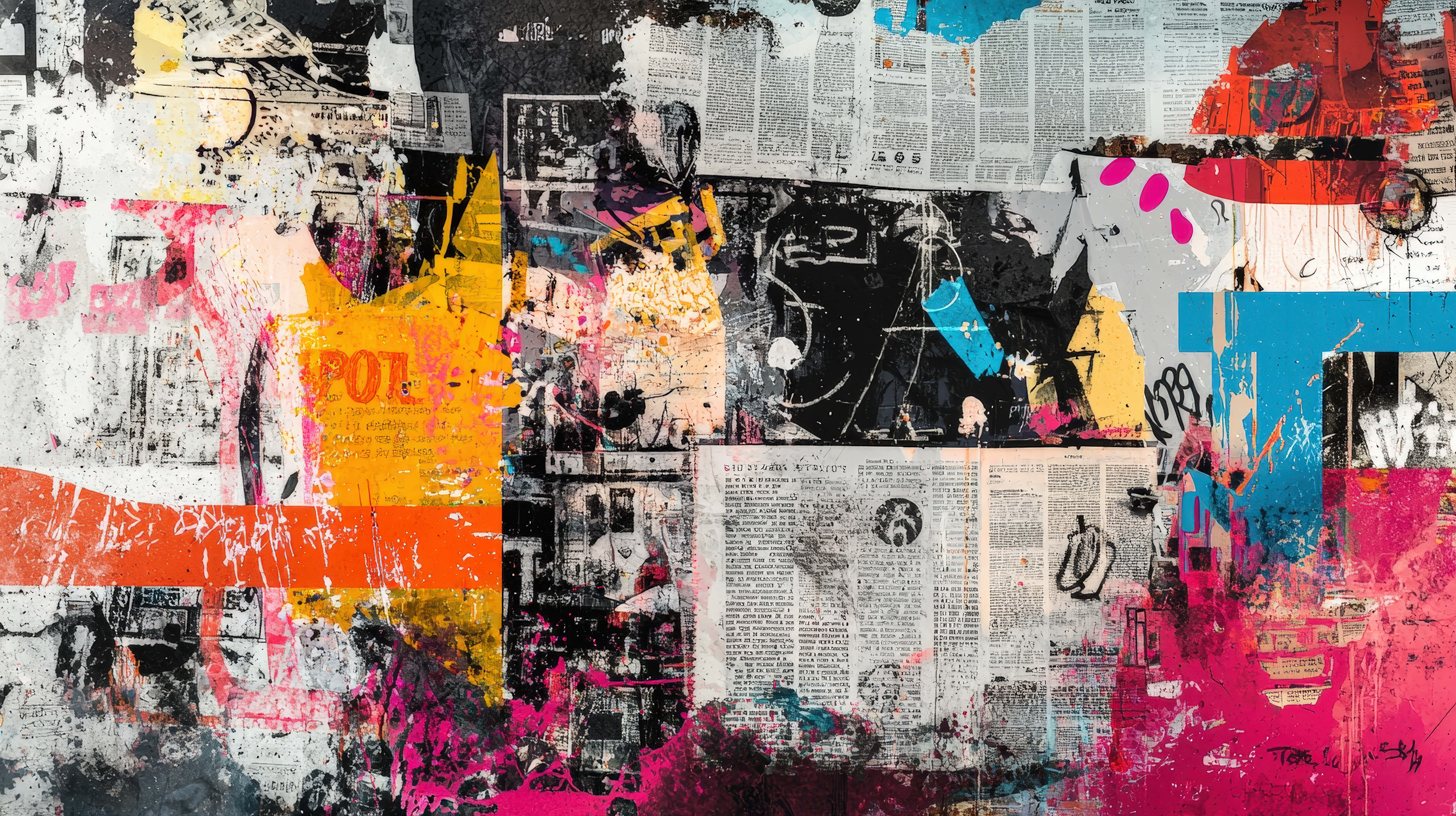 graffiti elements, newspaper clippings, bold pink, 8K Desktop Wallpaper