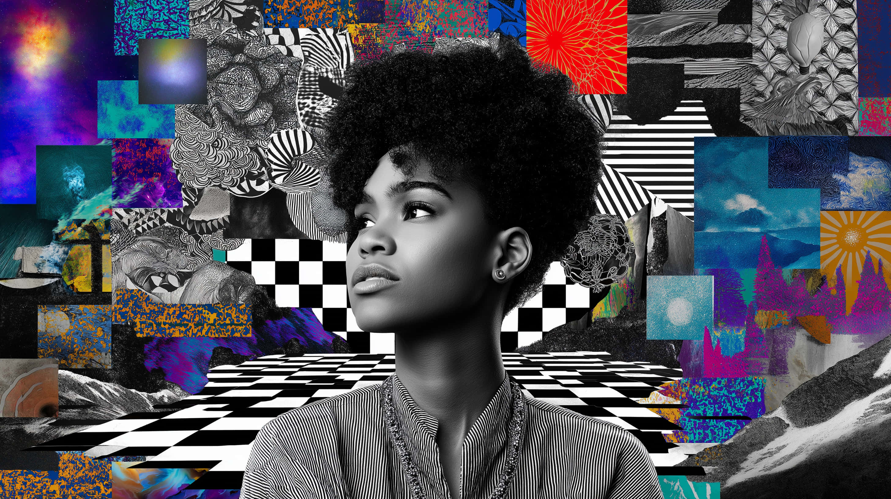 abstract woman portrait, textured art collage, afro hairstyle, 2K Desktop Wallpaper