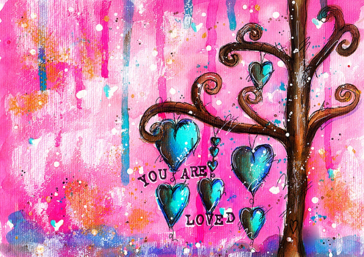 teal hearts, vibrant pink and orange splattered background, swirling branches, SD Desktop Wallpaper