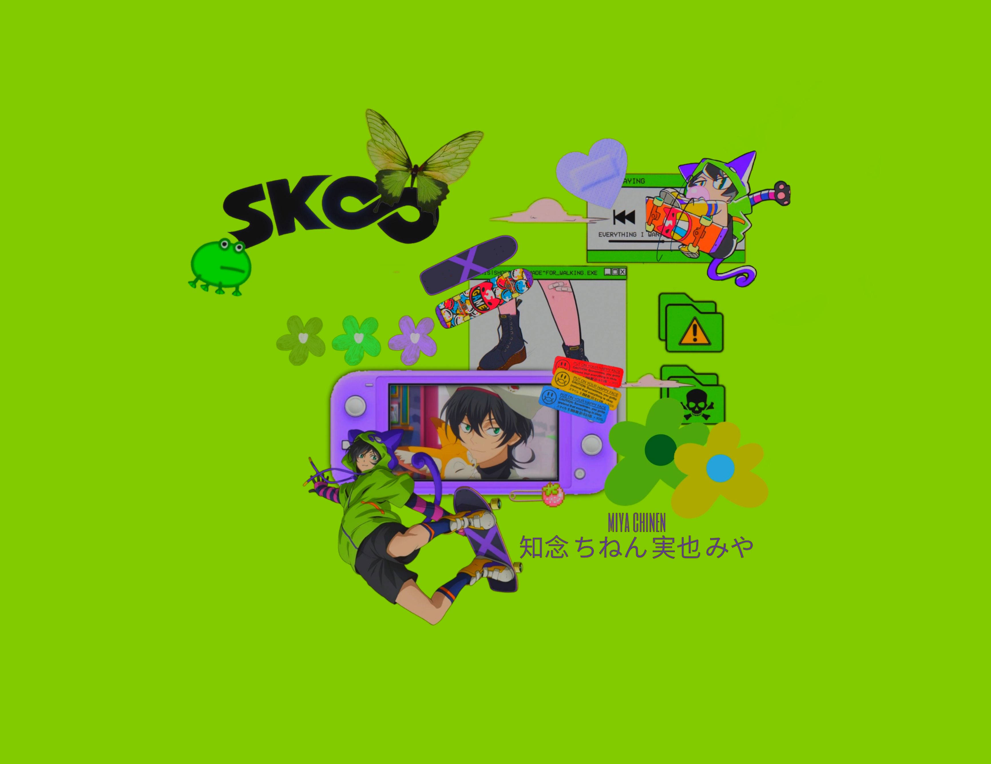Miya Chinen, green aesthetic, vibrant green background, 2K Desktop Wallpaper