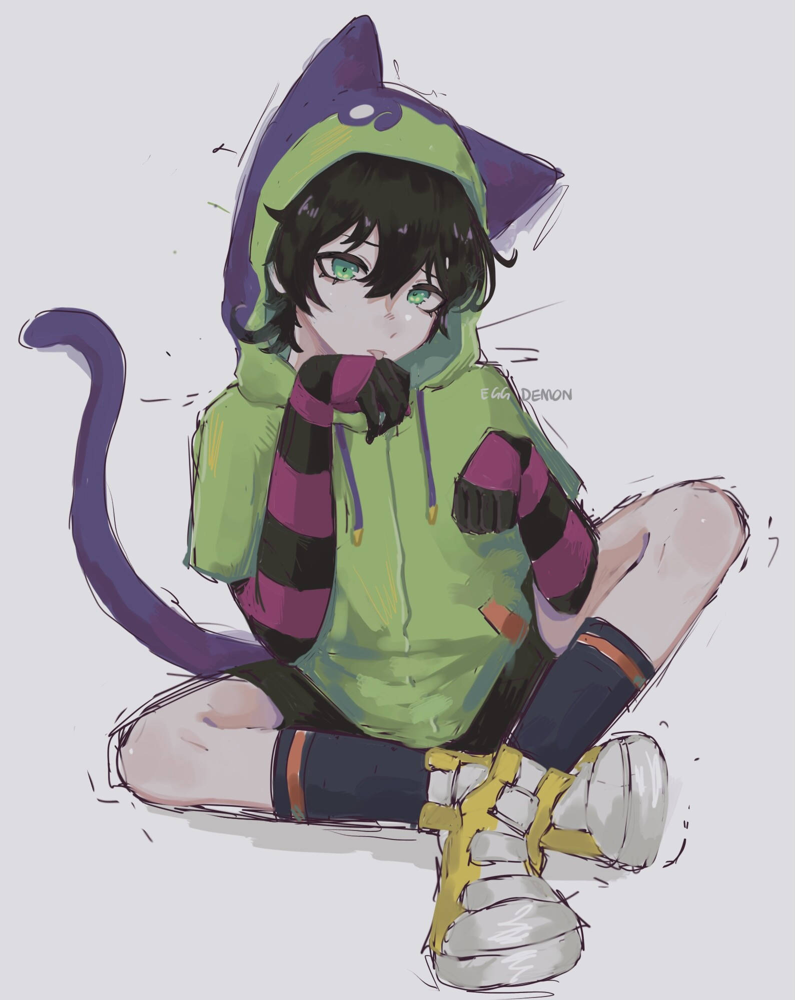 Miya Chinen, purple cat ears, green eyes, Full HD Phone Wallpaper