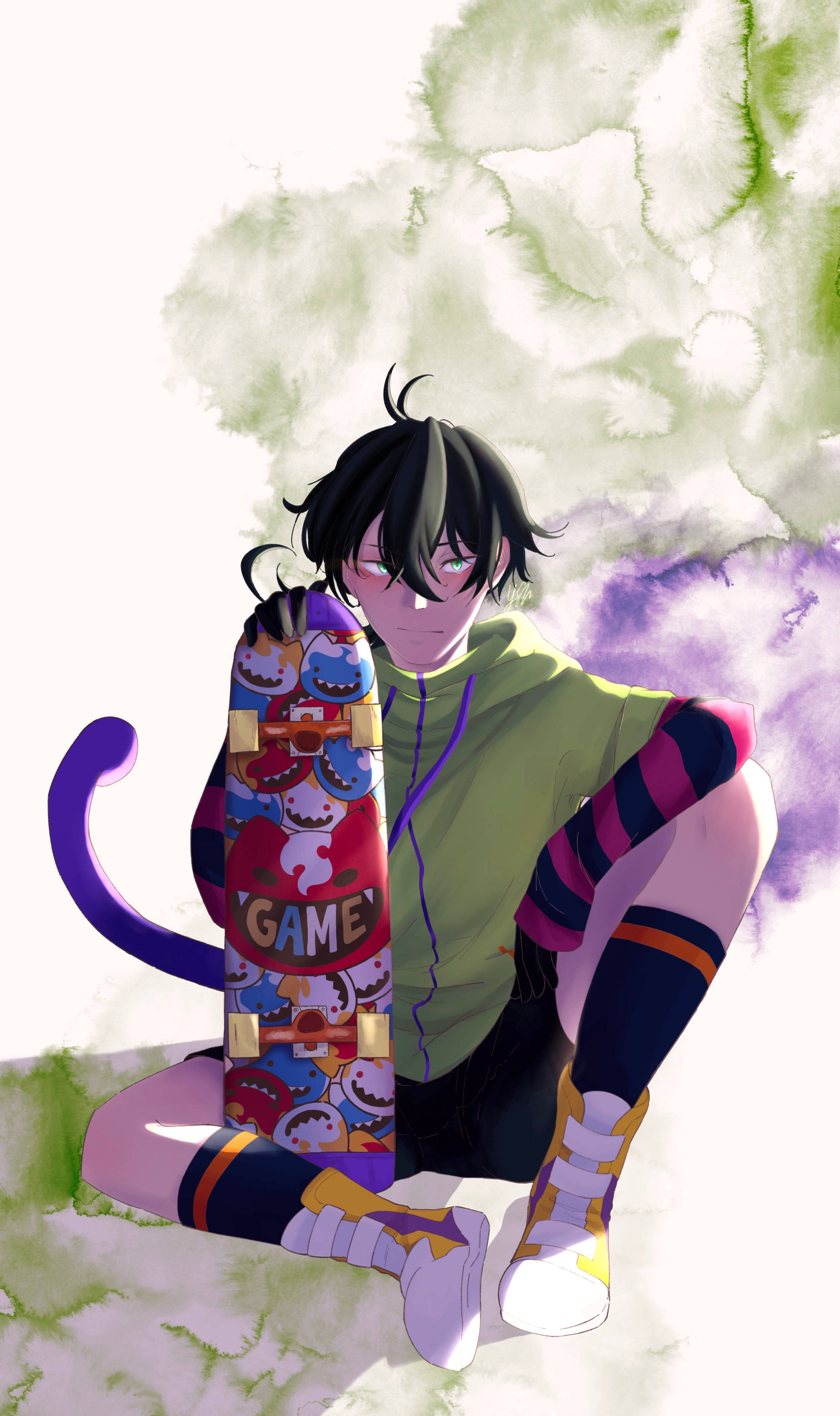 Miya Chinen, game-themed graphics, colorful skateboard, 4K Phone Wallpaper