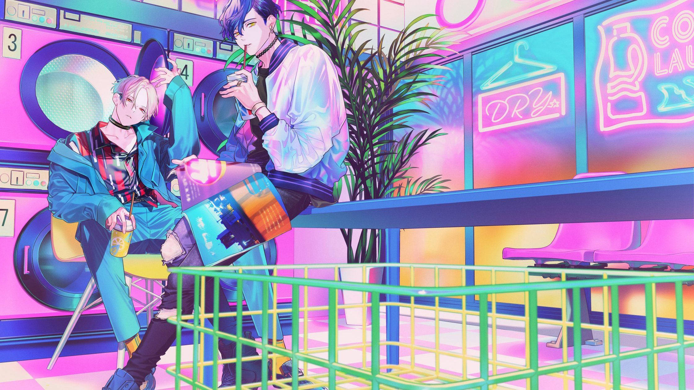 Miya Chinen, anime boys, neon-lit laundromat, Full HD Desktop Wallpaper