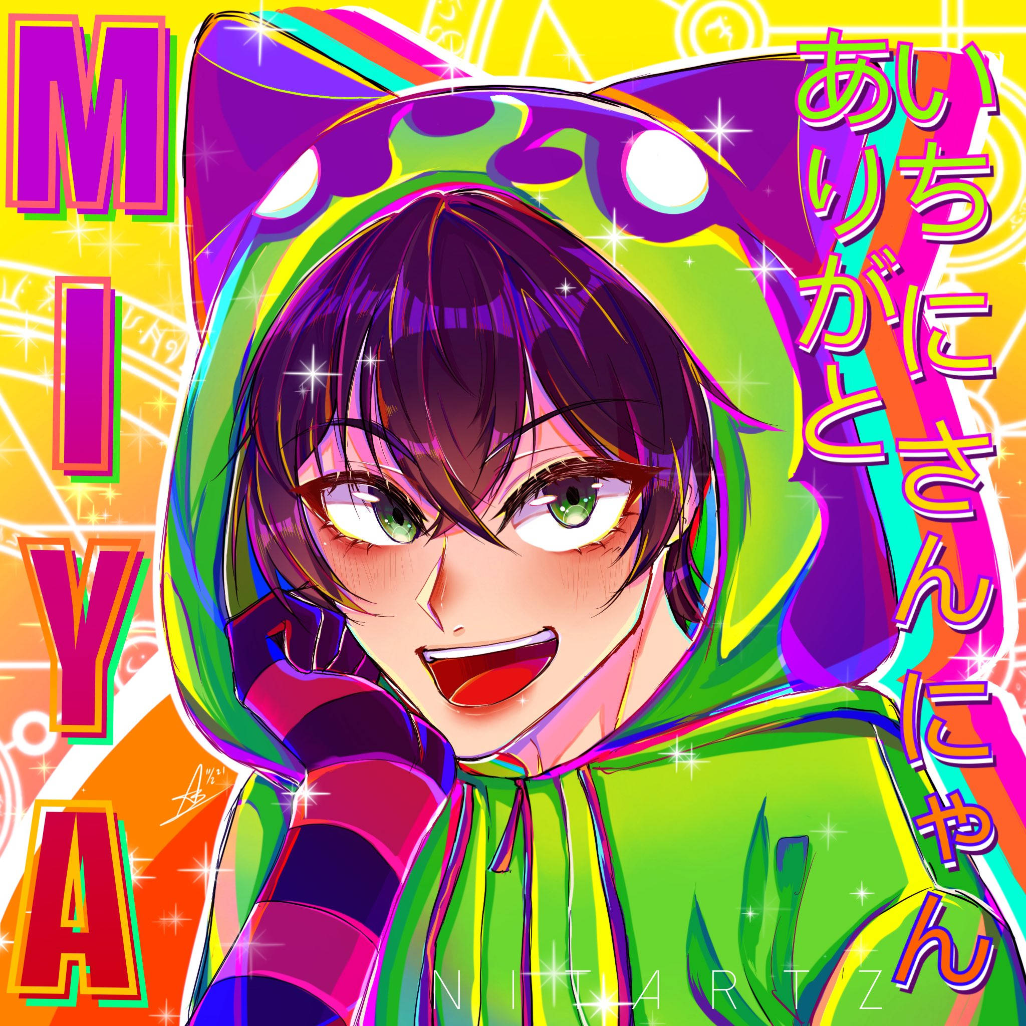 Miya Chinen, green eyes, rainbow hoodie, Full HD Desktop Wallpaper