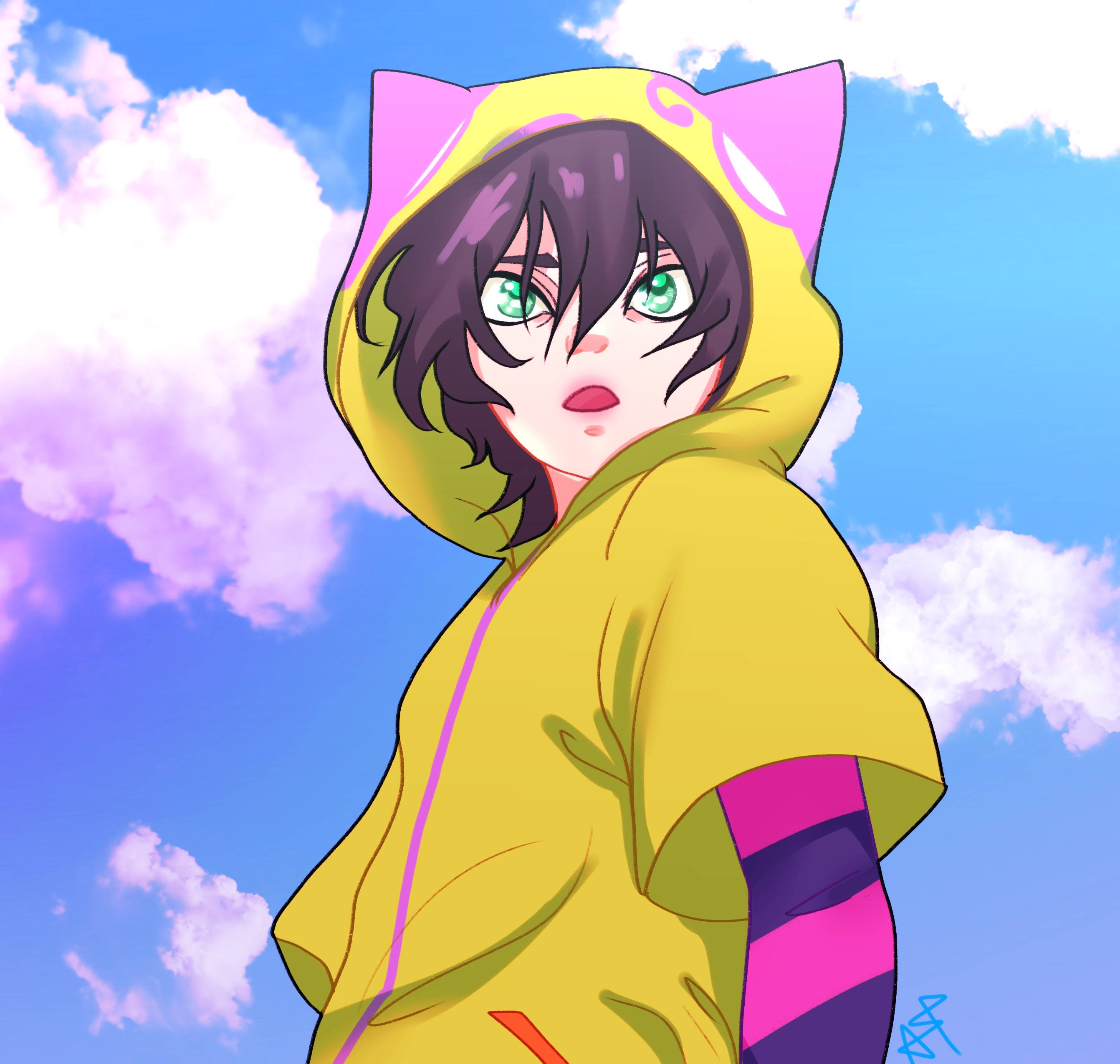 Miya Chinen, yellow cat-eared hoodie, vibrant blue sky, 2K Desktop Wallpaper