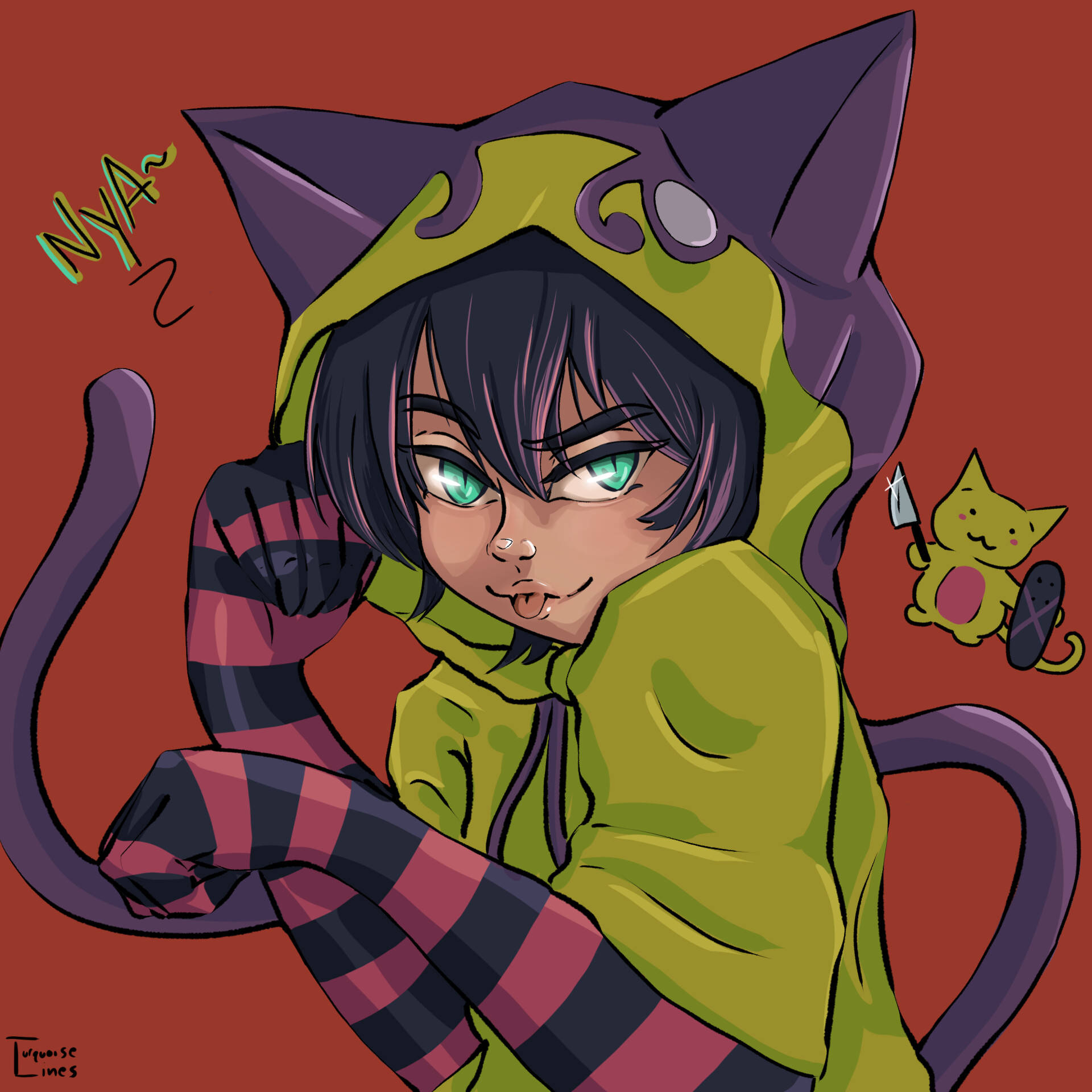 Miya Chinen, green cat hoodie, purple ears, Full HD Desktop Wallpaper