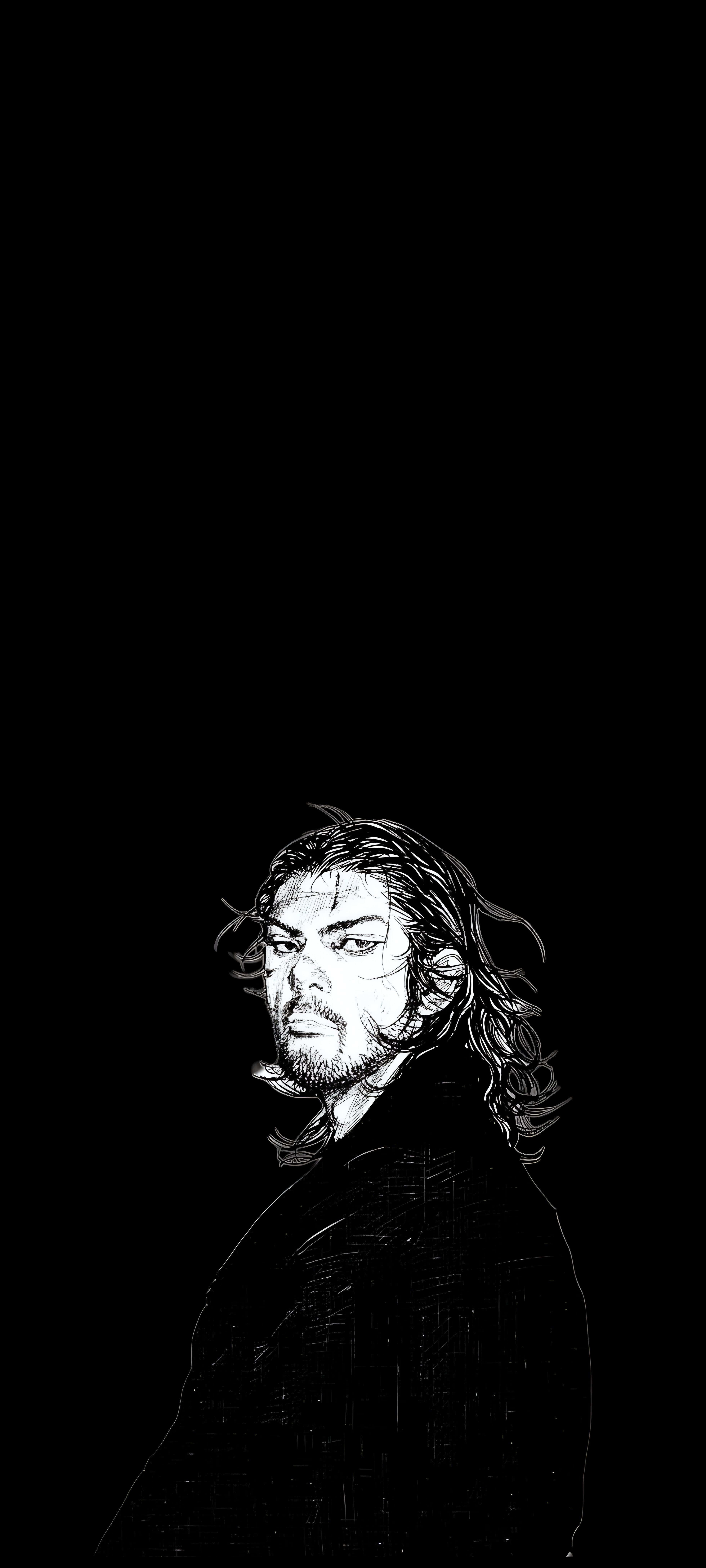 Miyamoto Musashi, black and white sketch, long hair, 8K Phone Wallpaper