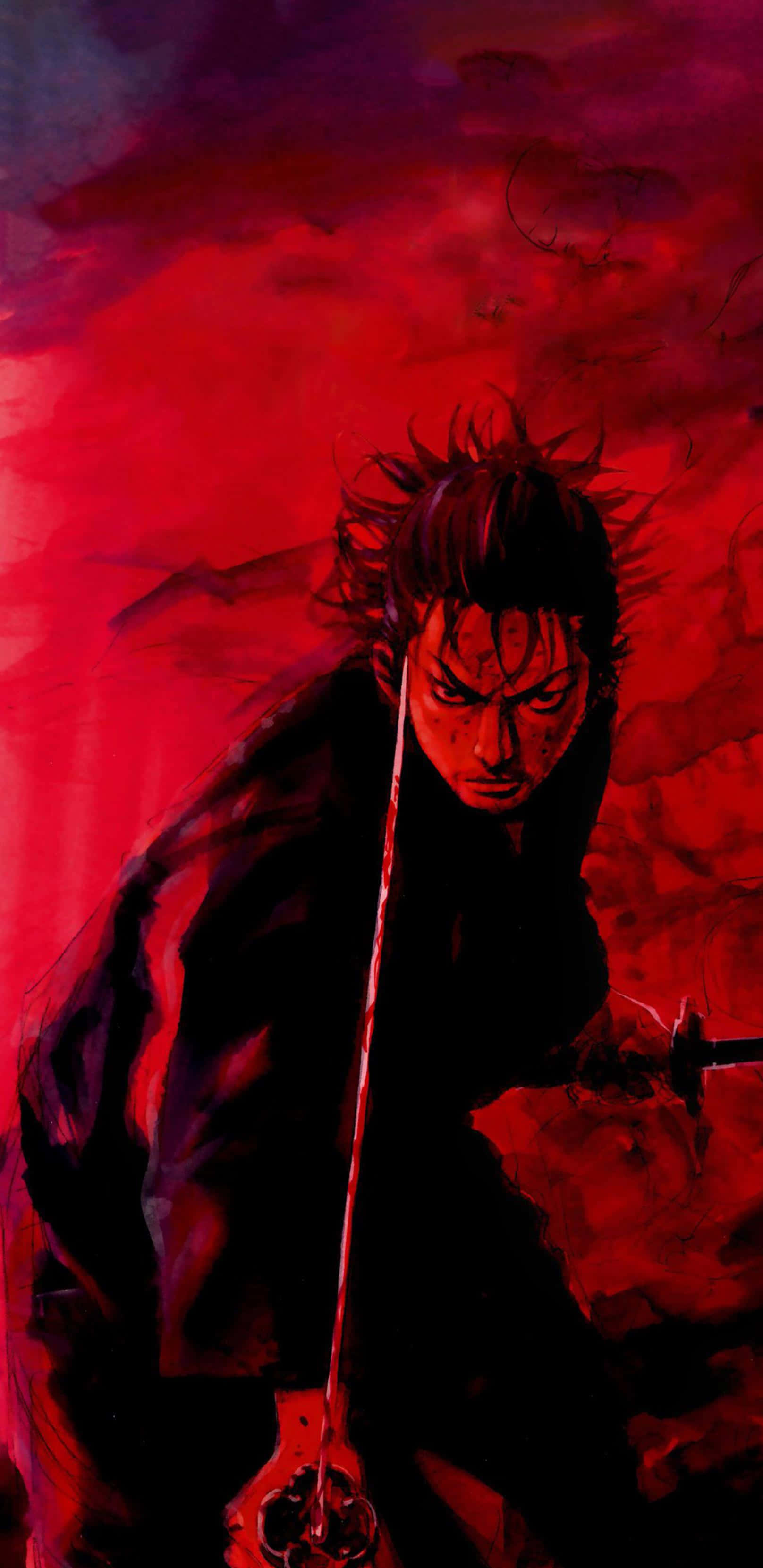 Miyamoto Musashi, red battle stance, dark-haired samurai, 2K Phone Wallpaper