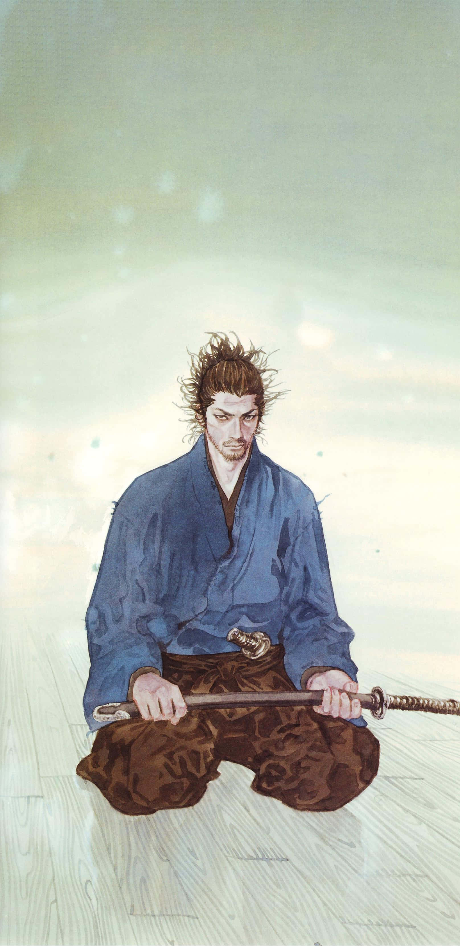 Miyamoto Musashi, katana, blue robe, 2K Phone Wallpaper