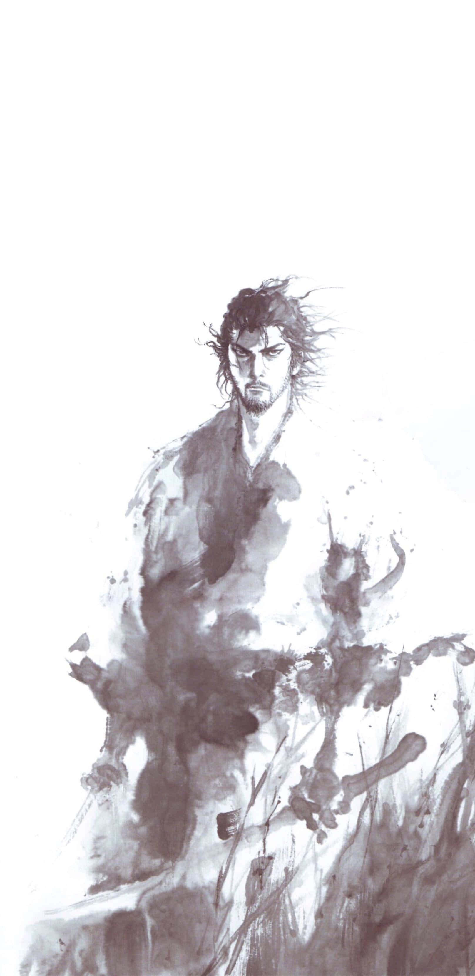 Miyamoto Musashi, ink wash style, sword, 2K Phone Wallpaper