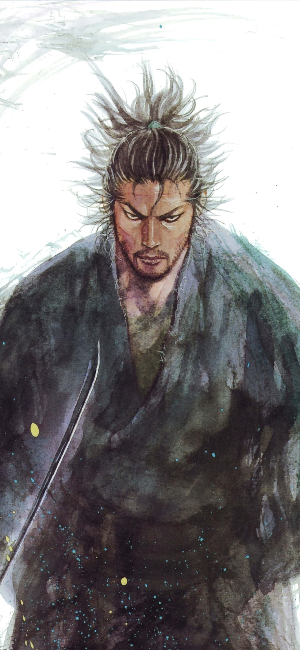 Miyamoto Musashi, watercolor portrait, stern samurai, 2K Phone Wallpaper
