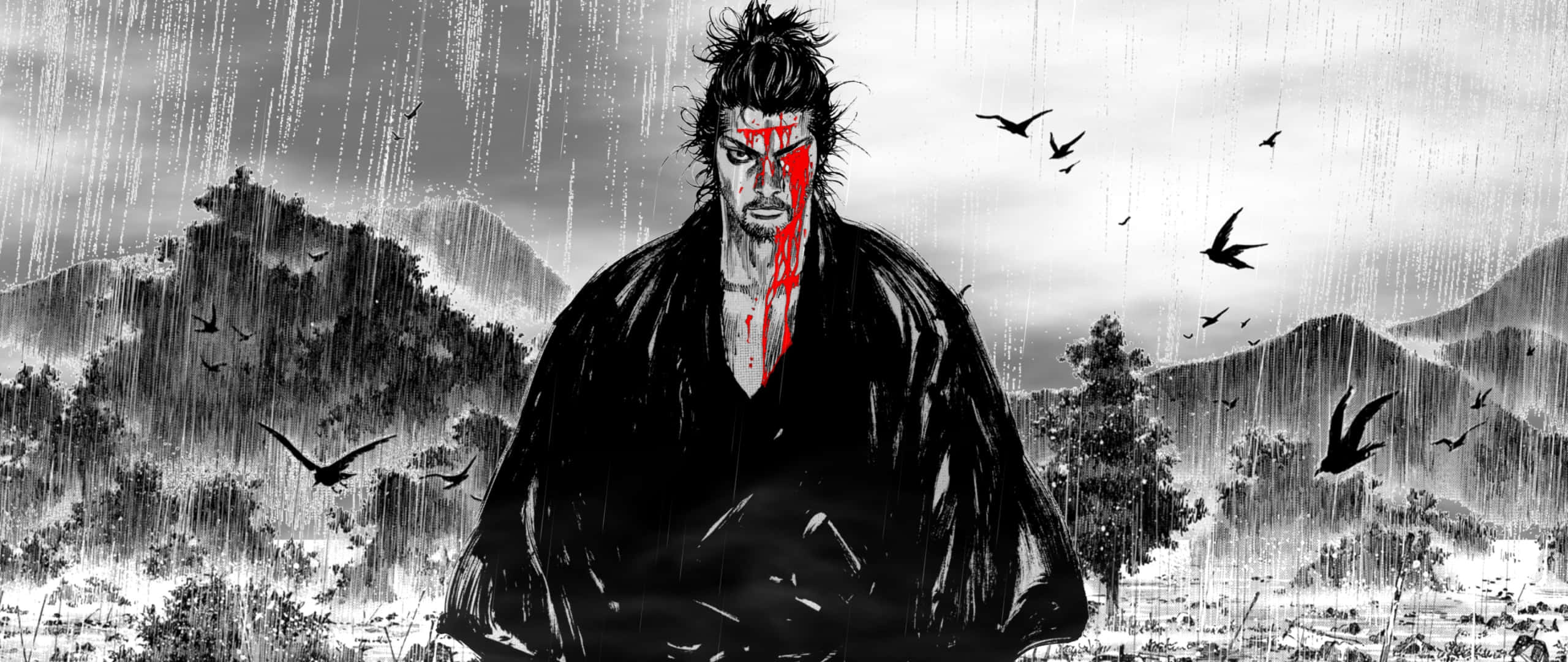 Miyamoto Musashi, battle scene, monochrome rainstorm, 2K Desktop Wallpaper