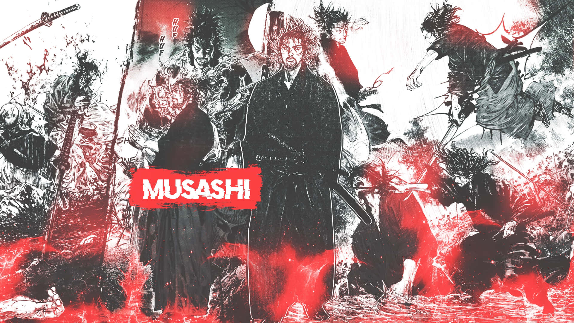 Miyamoto Musashi, manga-style illustration, red and black ink splatters, Full HD Desktop Wallpaper