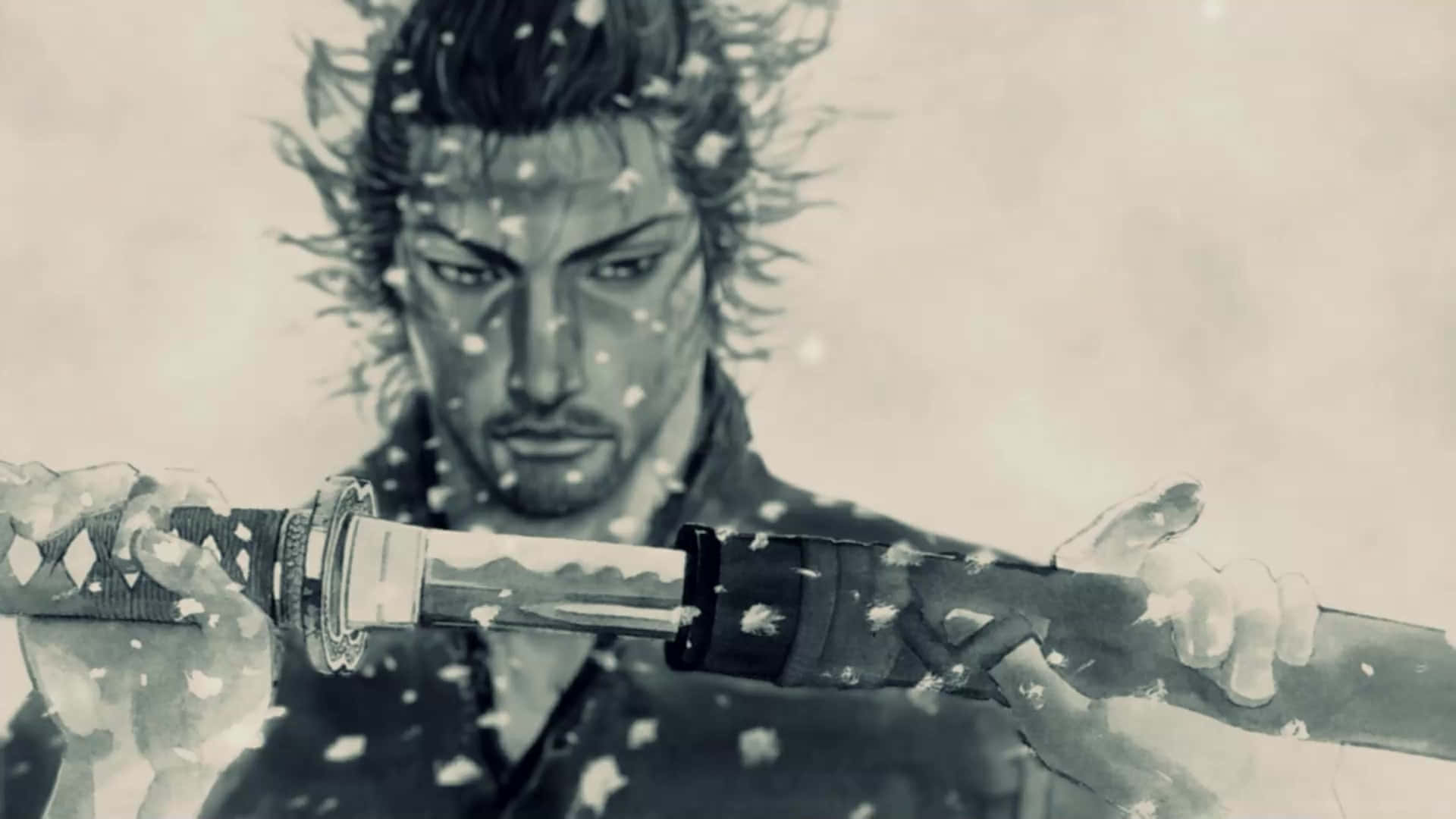 Miyamoto Musashi, snow samurai, katana, Full HD Desktop Wallpaper
