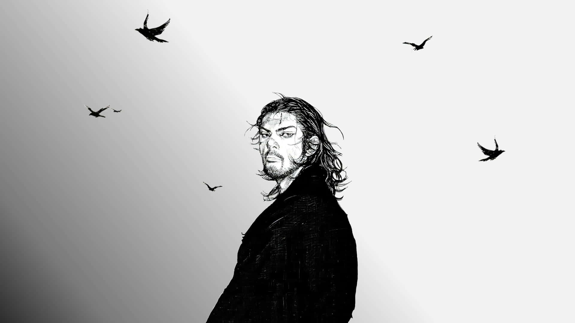 Miyamoto Musashi, samurai silhouette, monochrome sketch, Full HD Desktop Wallpaper