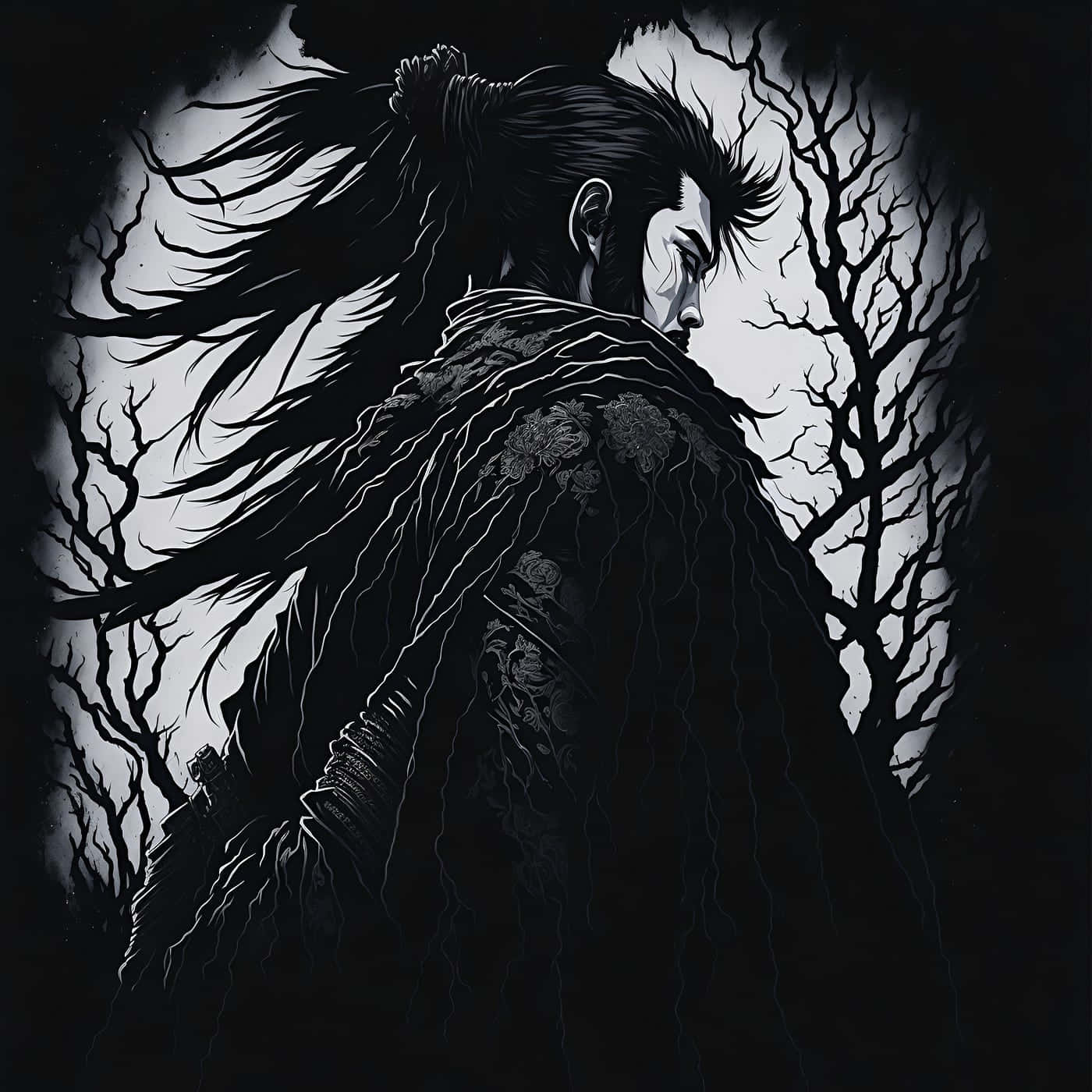 Miyamoto Musashi, silhouette, full moon, HD Desktop Wallpaper