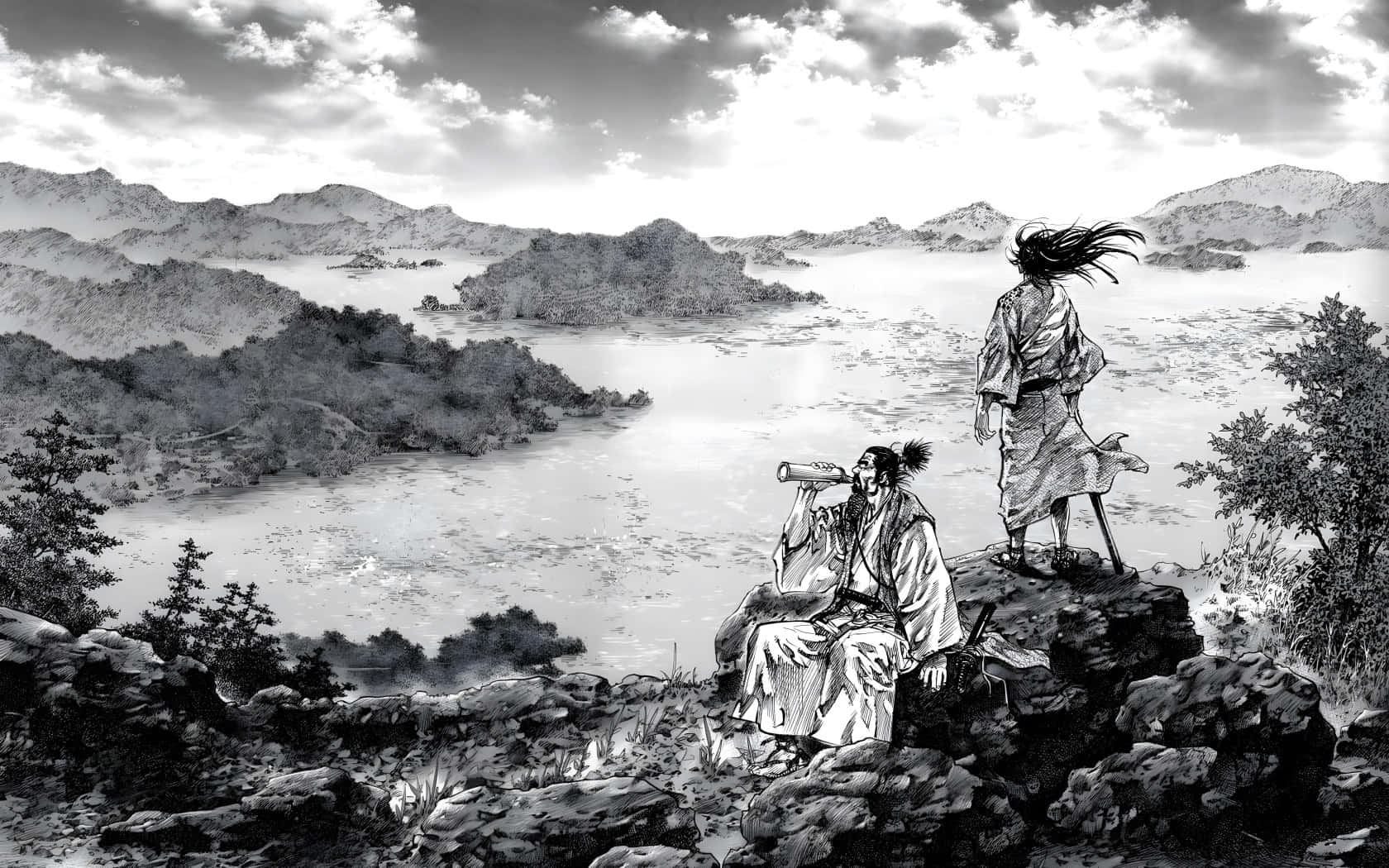 Miyamoto Musashi, traditional robes, rocky cliff, HD Desktop Wallpaper