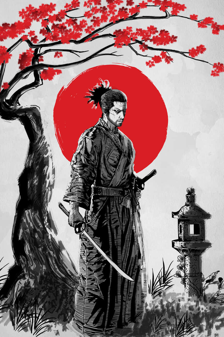 Miyamoto Musashi, cherry blossoms, vibrant red maple tree, HD Phone Wallpaper