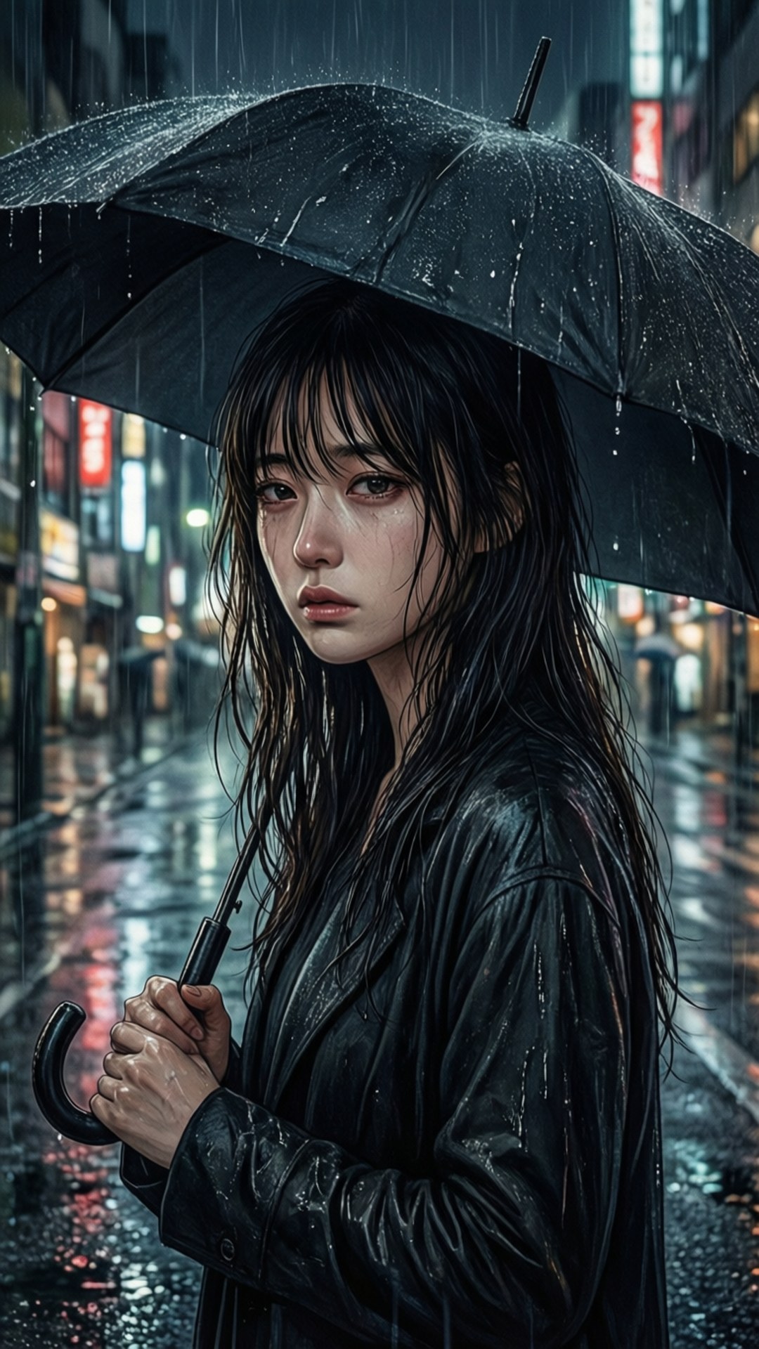 Miyamura, rainy night, black umbrella, Full HD Phone Wallpaper