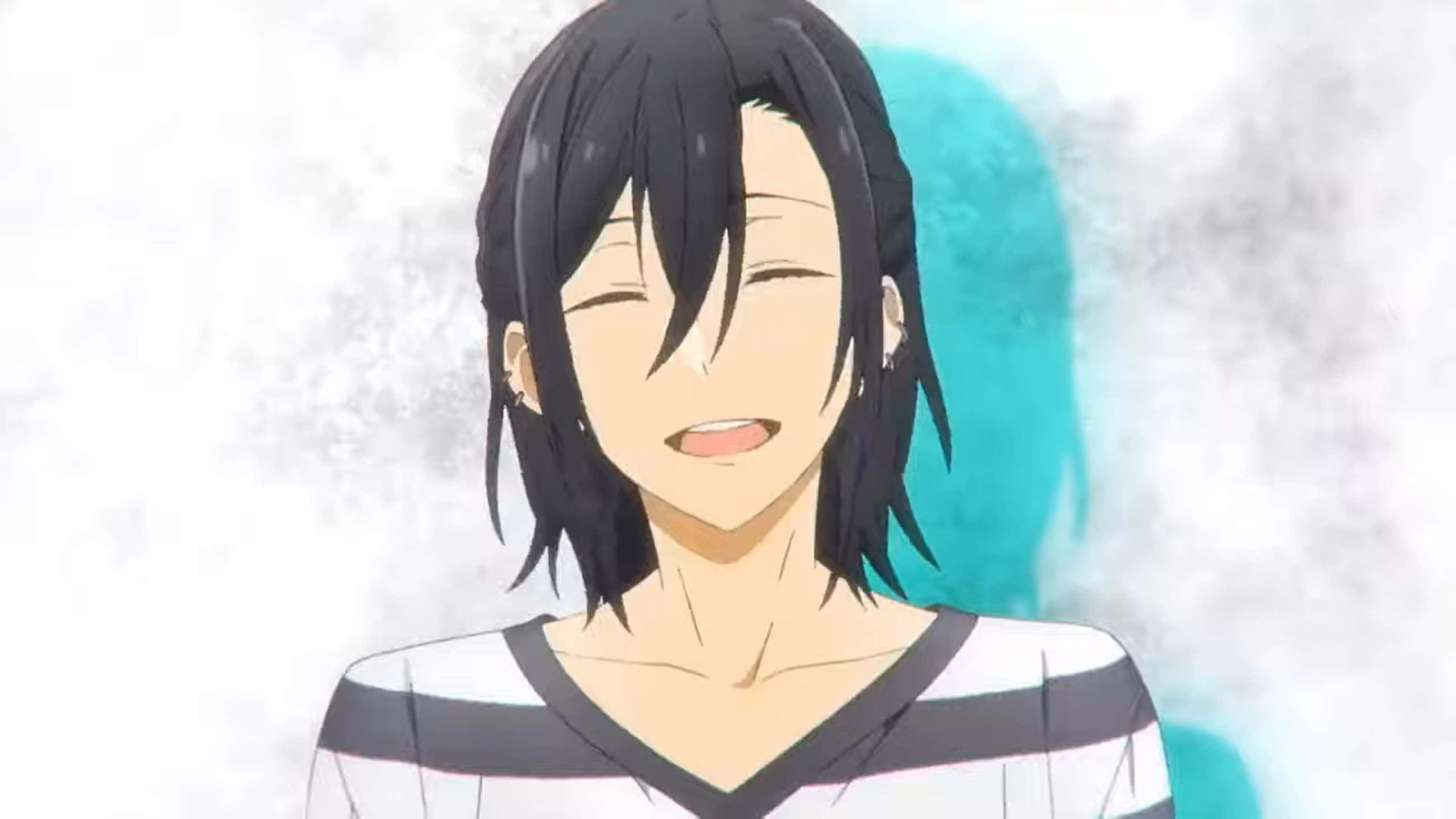 Miyamura, smiling anime character, short black hair, 2K Desktop Wallpaper