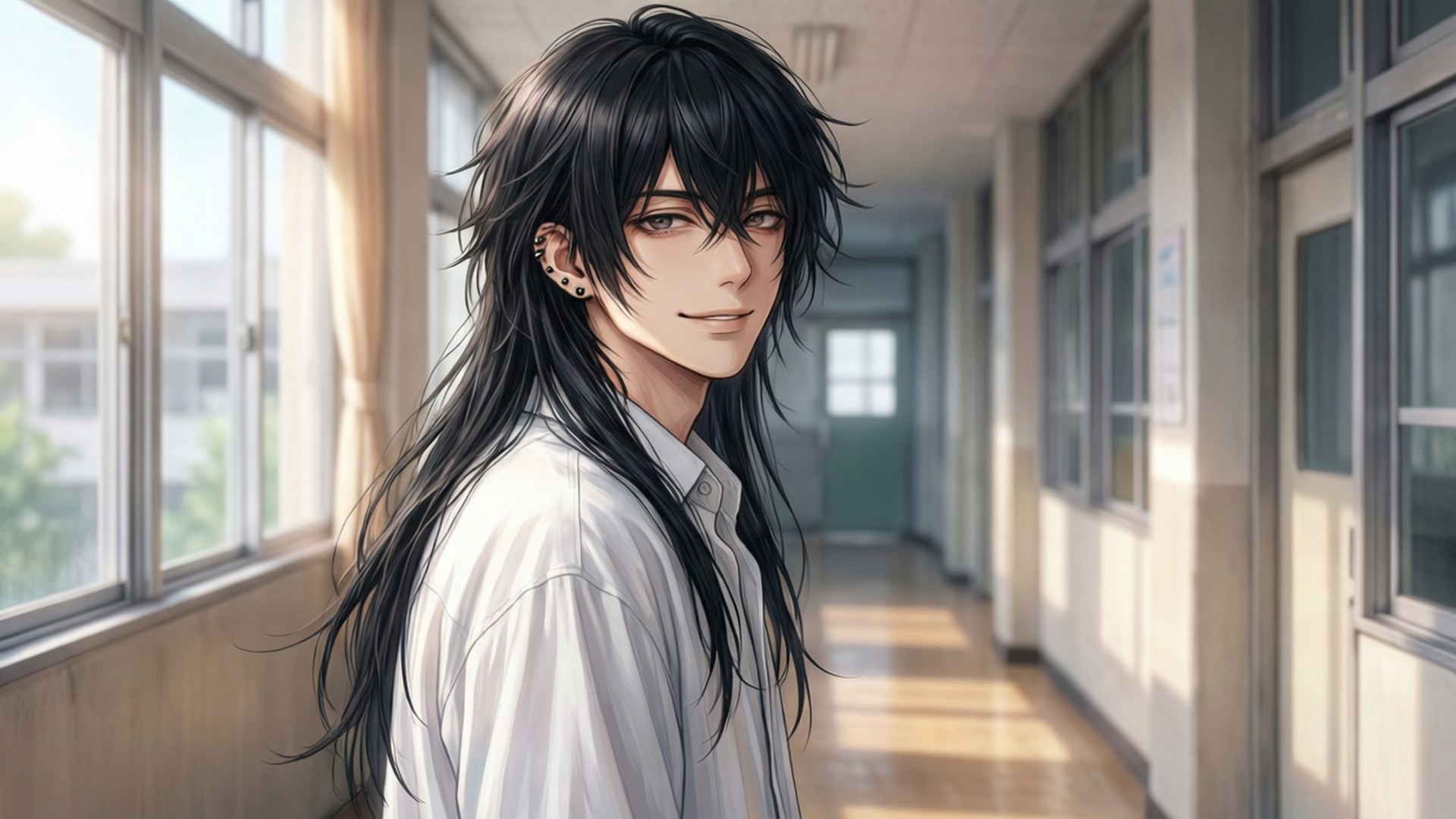 Miyamura, sunlit school hallway, soft smile, Full HD Desktop Wallpaper