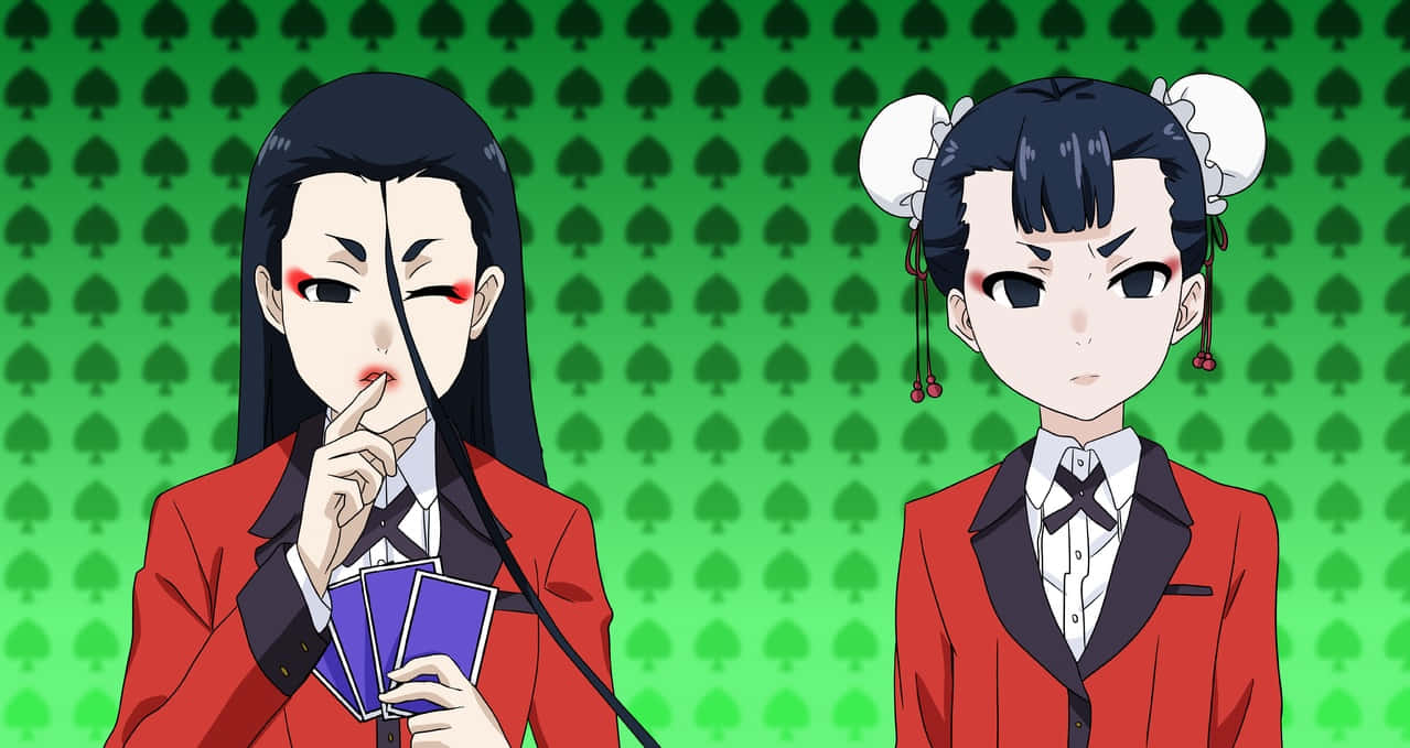 Miyo Inbami, red school uniforms, green spade patterned background, SD Desktop Wallpaper
