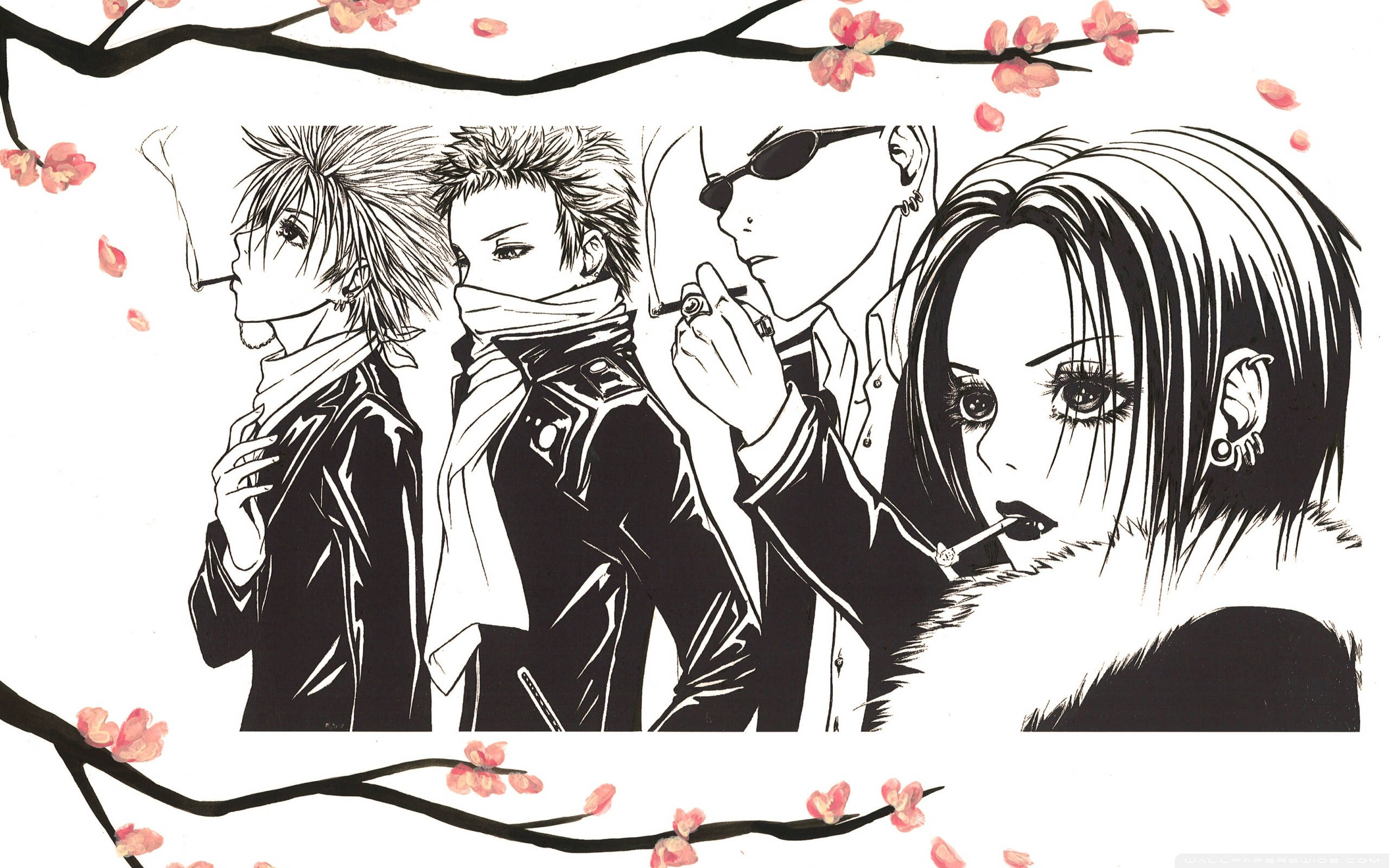 Nana Anime, cherry blossoms, black and white smoke, 2K Desktop Wallpaper