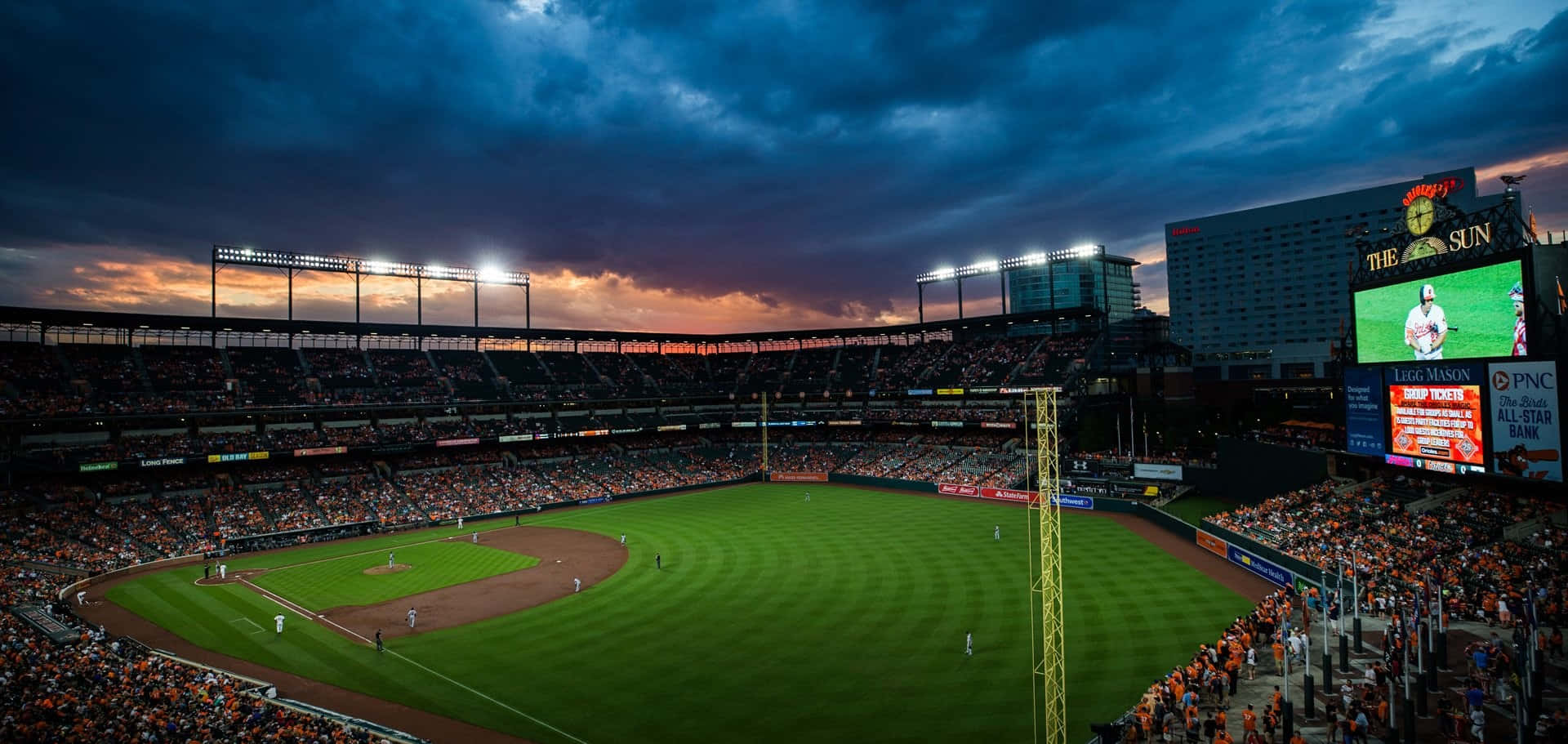 MLB Baseball League, twilight sky, orange clouds, Full HD Desktop Wallpaper