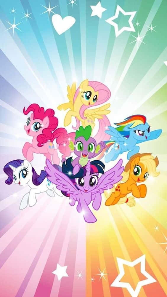 my little pony, six colorful cartoon ponies, radiant rainbow background, SD Phone Wallpaper