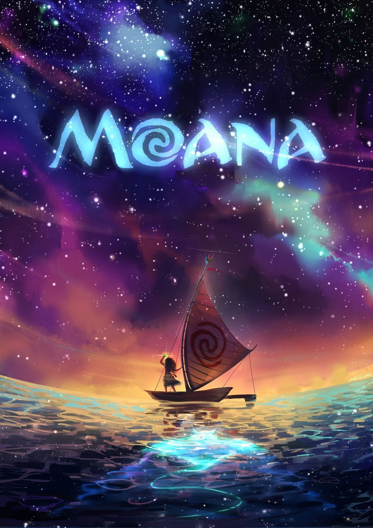 Galaxy Moana 4K, canoe, starry sky, Full HD Phone Wallpaper