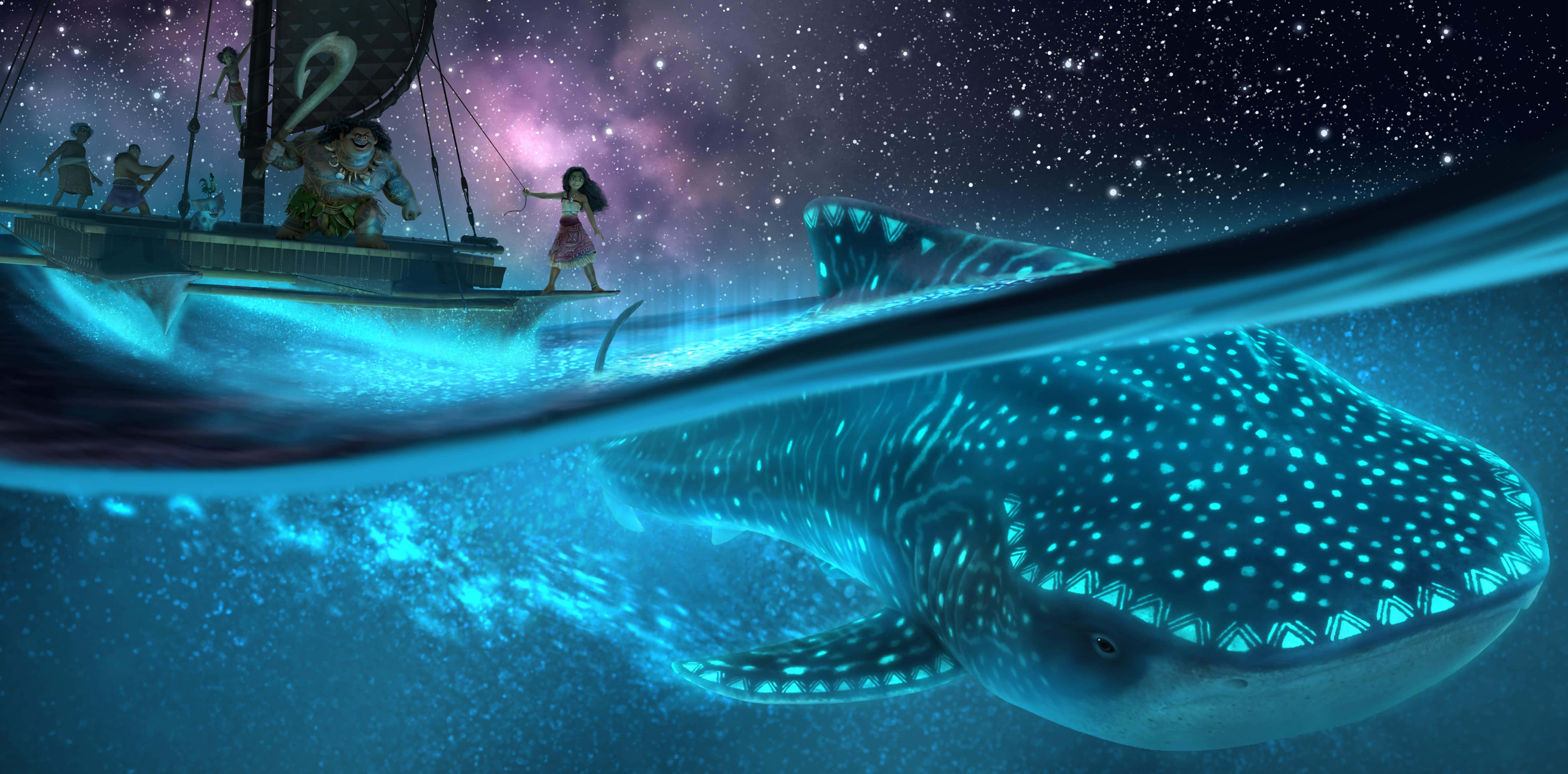 Moana, night voyage, glowing whale, 5K Desktop Wallpaper