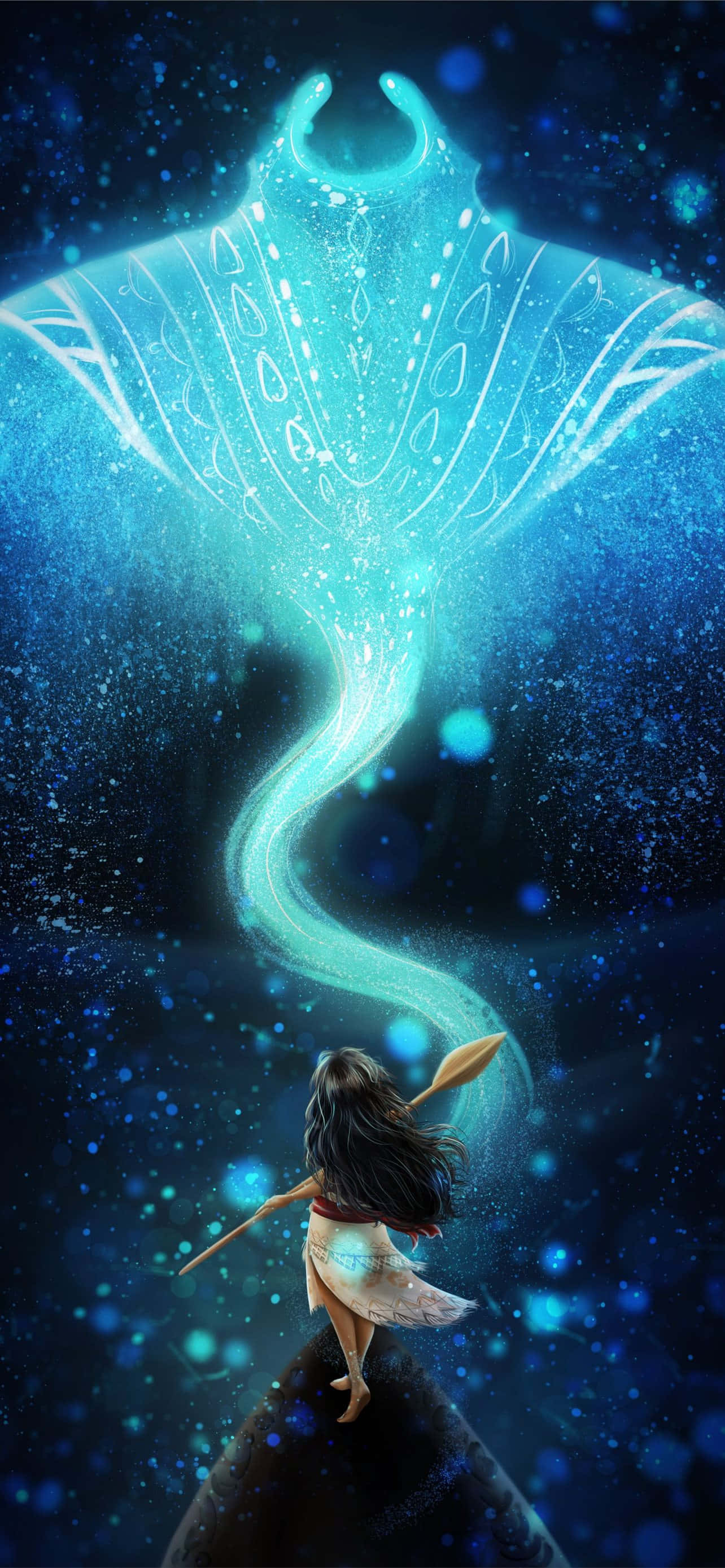 Moana, glowing turquoise manta ray, intricate white patterns, 2K Phone Wallpaper