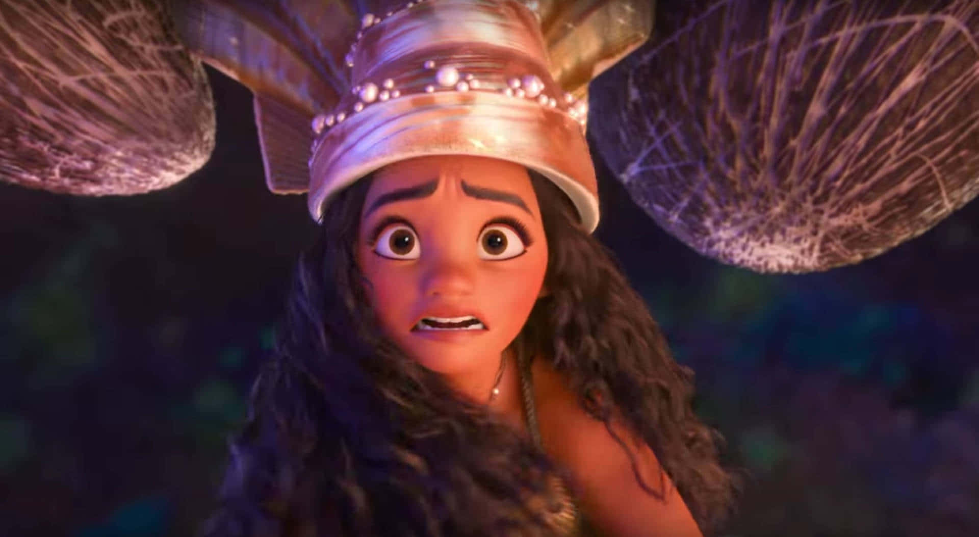 Moana, dark curly hair, golden headdress, Full HD Desktop Wallpaper