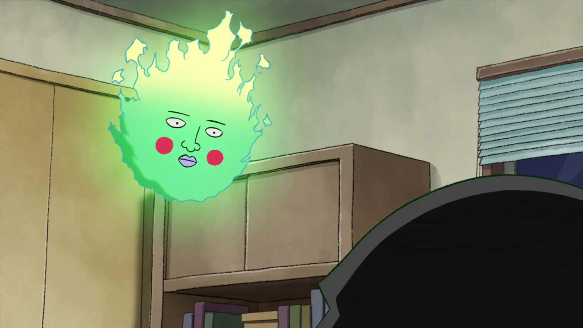 Mob Psycho 100 Ekubo, glowing green ghost, fiery crown, HD Desktop Wallpaper