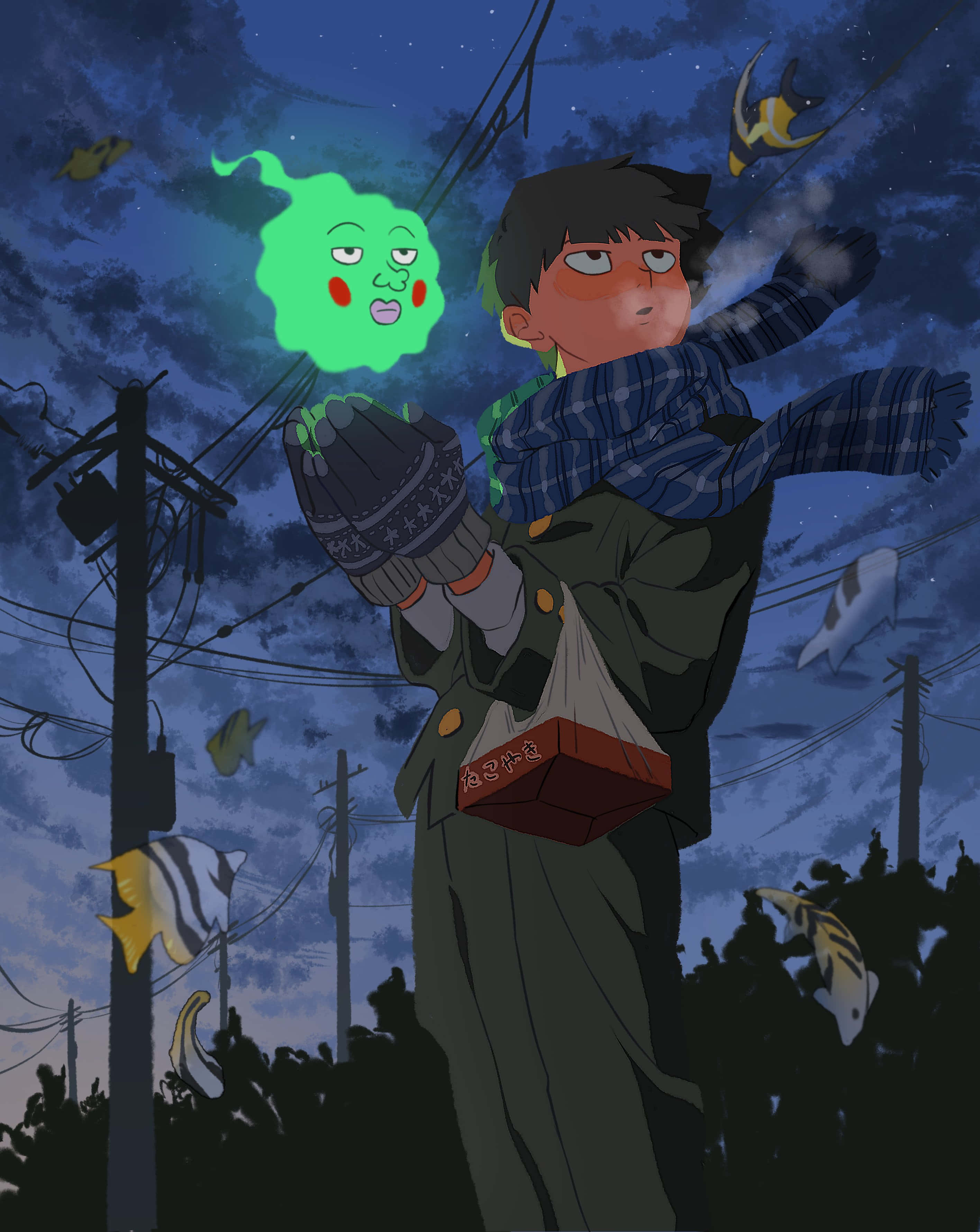 Mob Psycho 100, Ekubo, glowing green spirit, 2K Phone Wallpaper