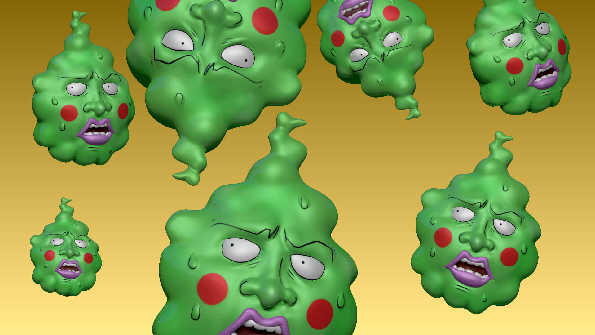 Mob Psycho 100 Ekubo, green blob creatures, angry faces, Full HD Desktop Wallpaper