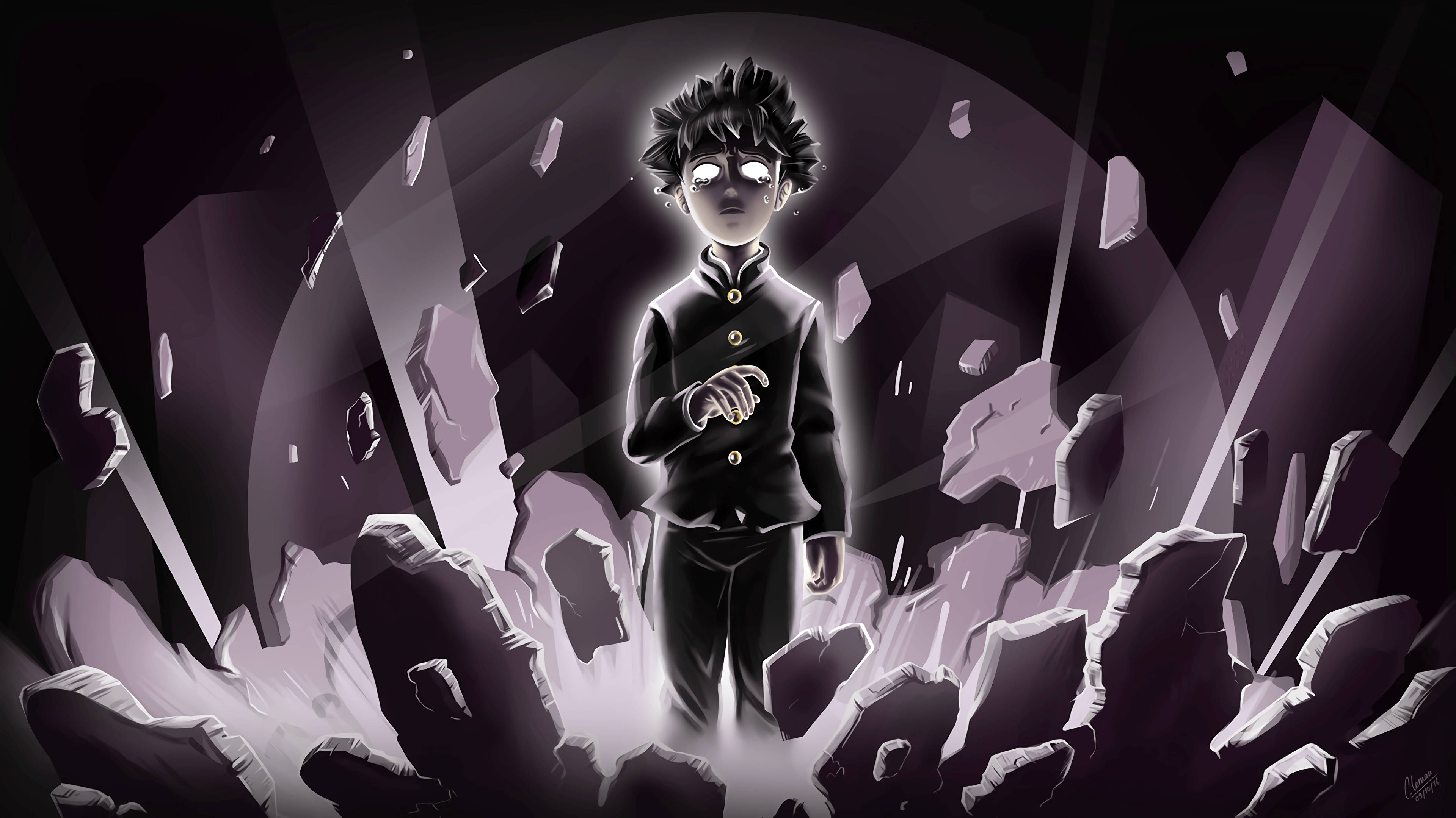 Mob Psycho 100, glowing anime boy, school uniform, 4K Desktop Wallpaper