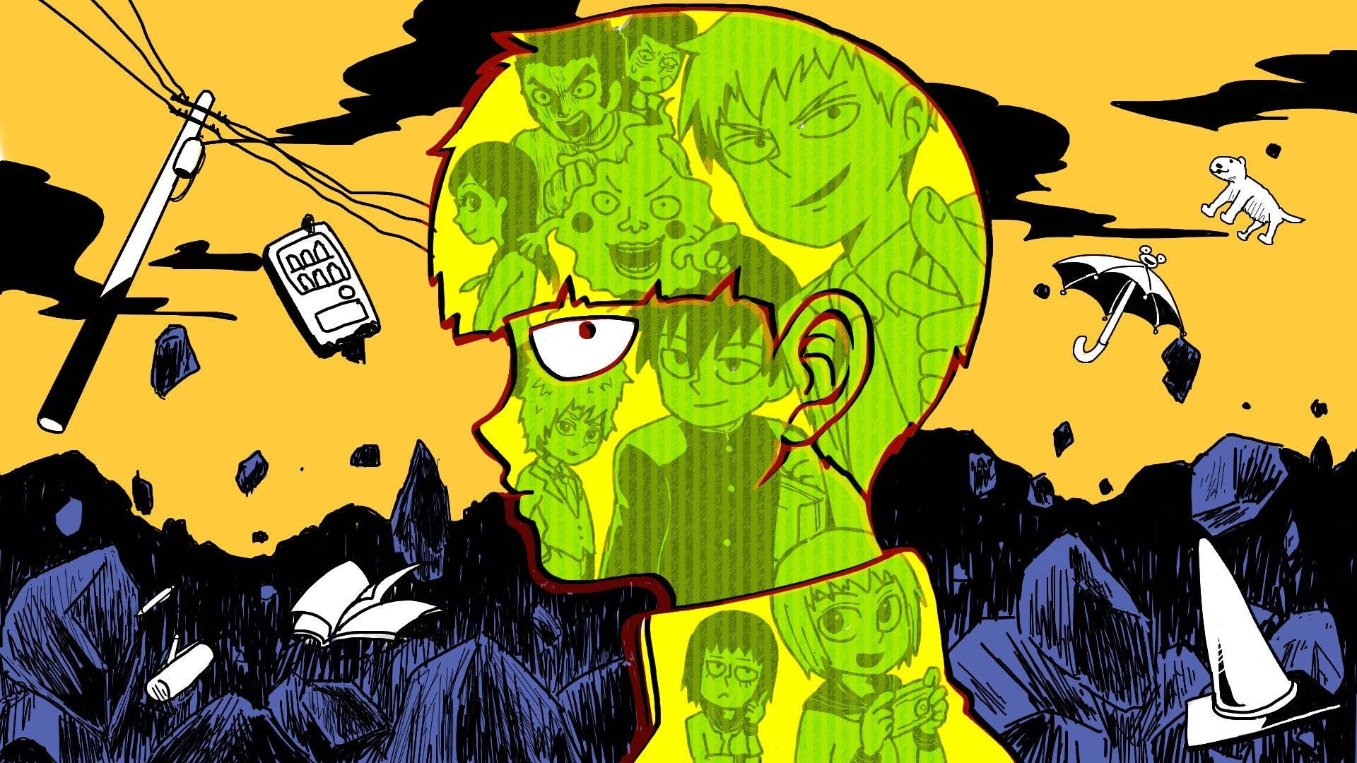 Mob Psycho 100, stylized anime head, floating characters, Full HD Desktop Wallpaper