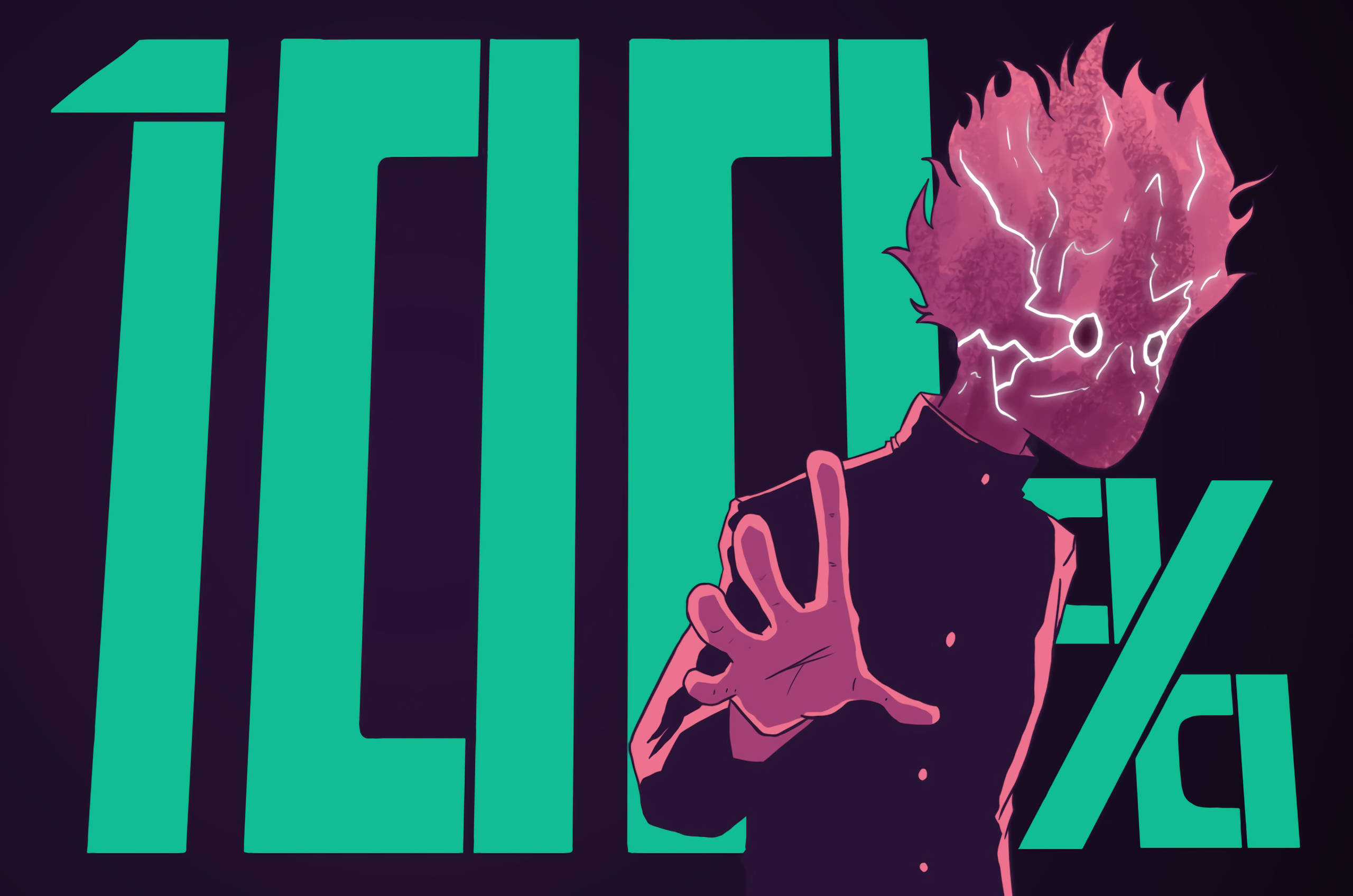 Mob Psycho 100, pink spiky hair, glowing white cracks on face, 2K Desktop Wallpaper