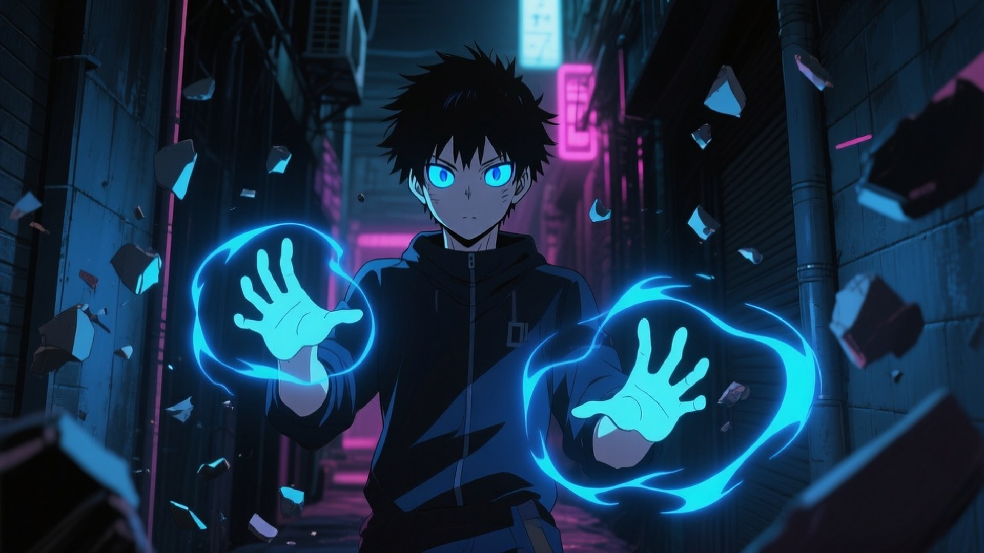 Mob Psycho 100, glowing blue eyes, electric blue energy spheres, Full HD Desktop Wallpaper