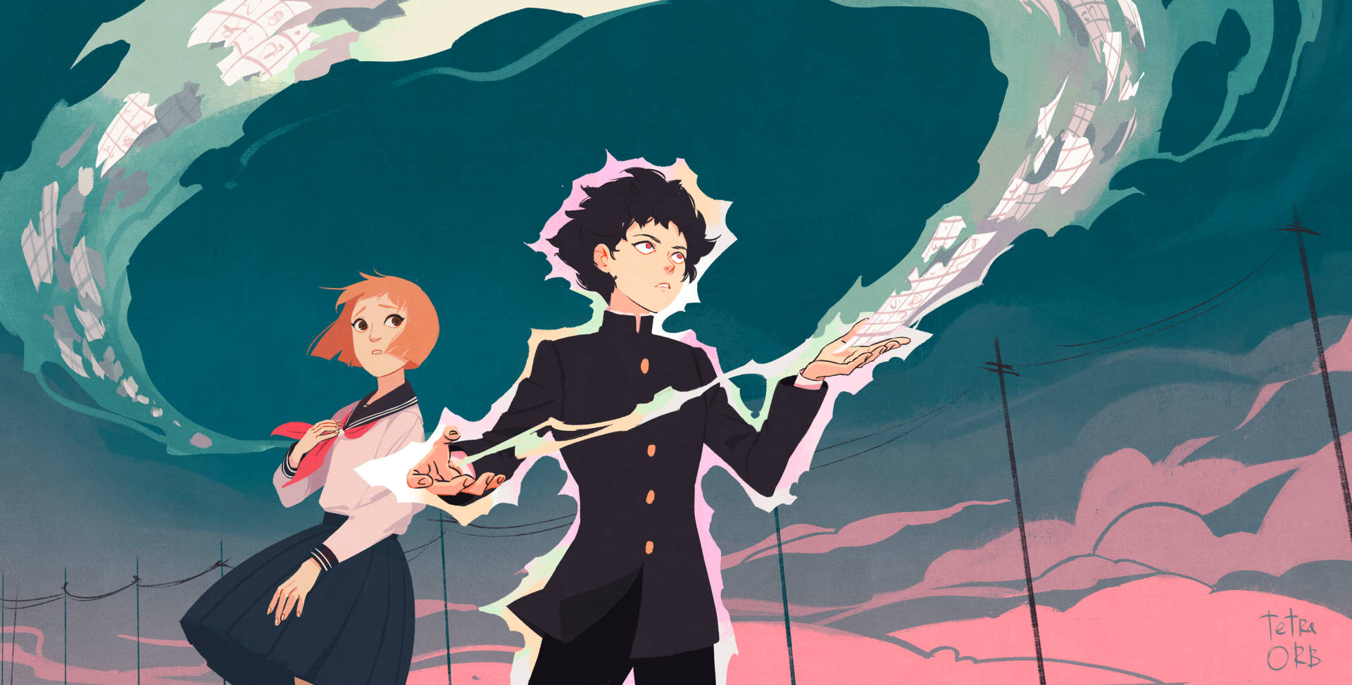 Mob Psycho 100, twilight sky, swirling vortex, Full HD Desktop Wallpaper