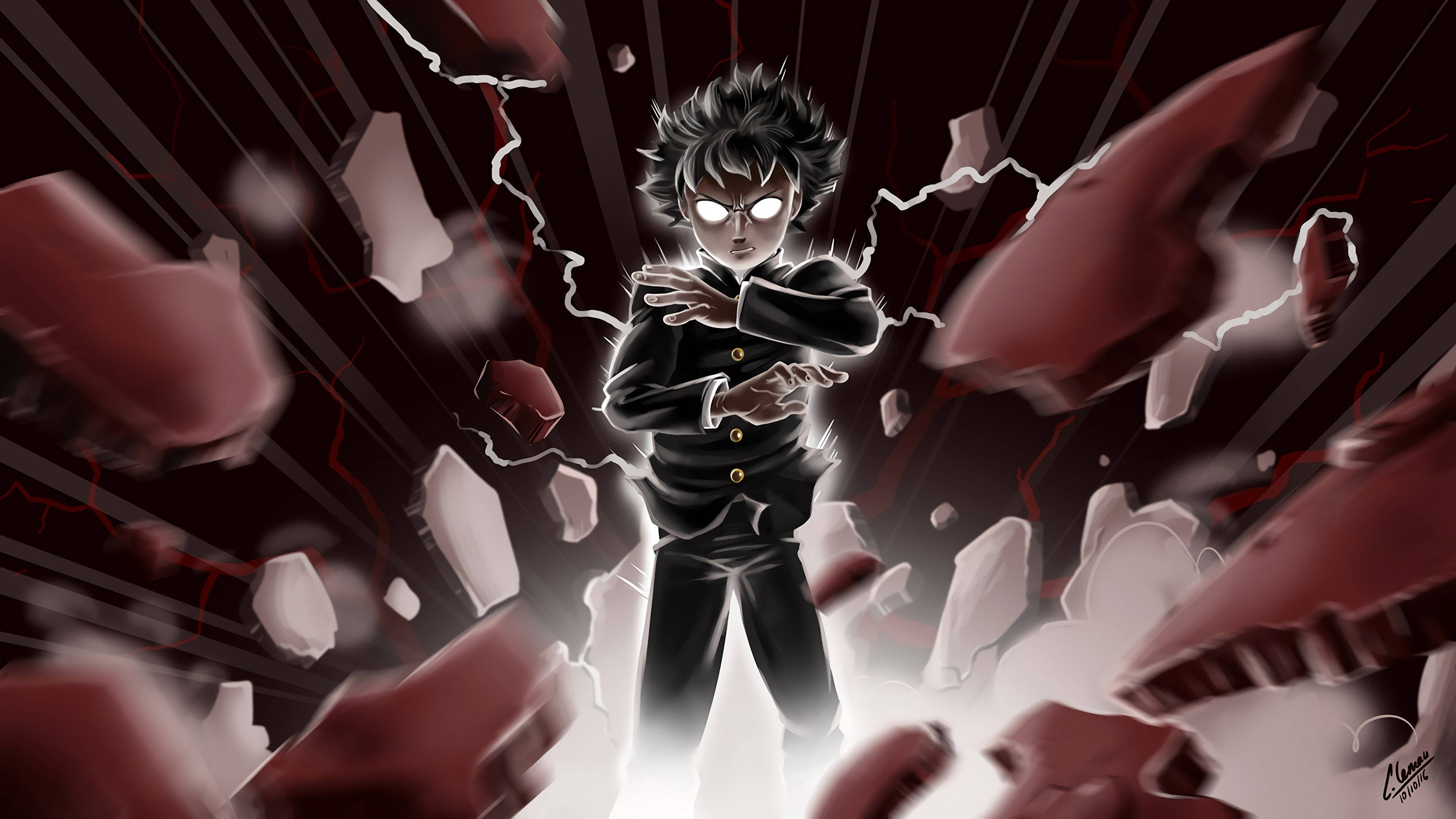 Mob Psycho 100, spiky-haired anime boy, glowing white eyes, 4K Desktop Wallpaper