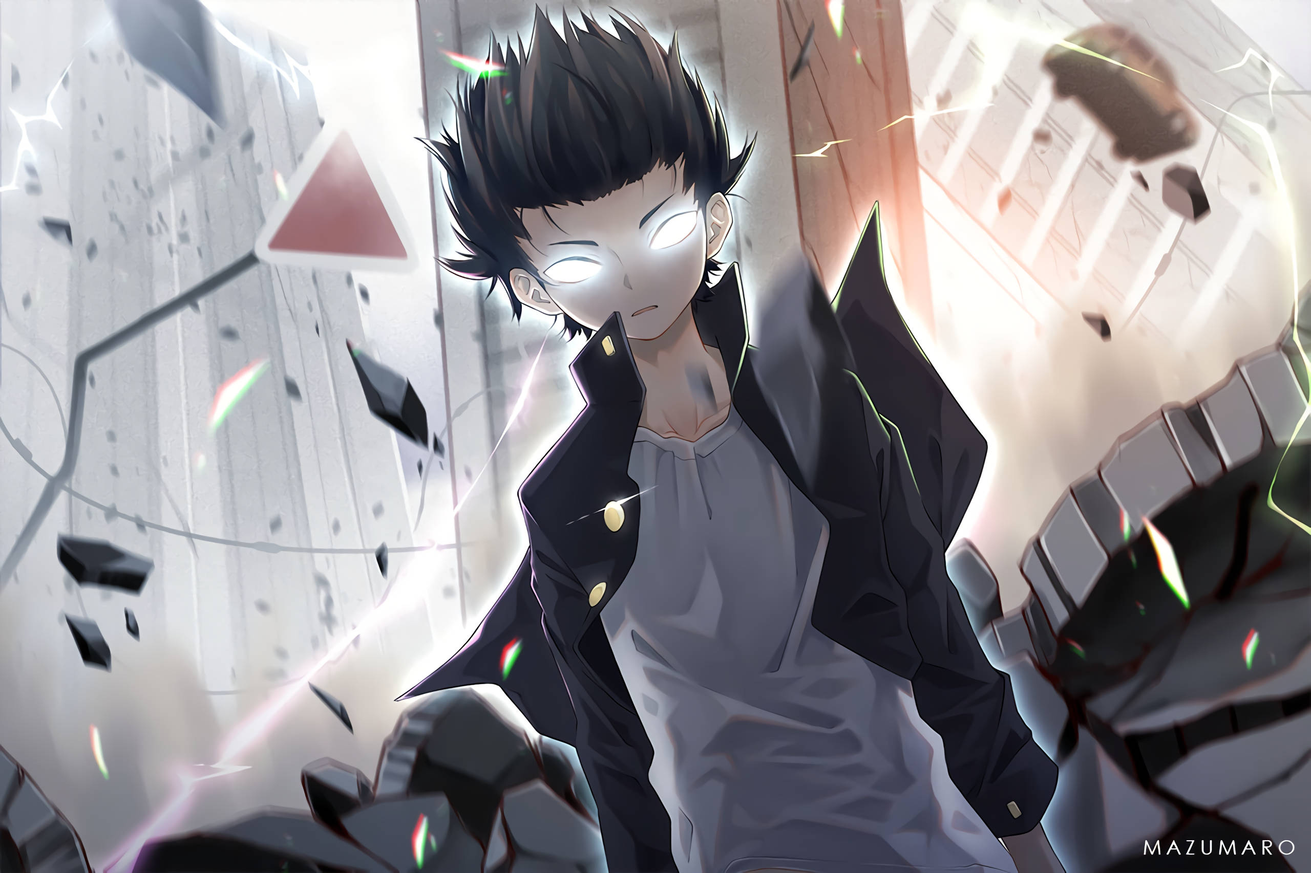 Mob Psycho 100, glowing eyes, concrete debris, 2K Desktop Wallpaper